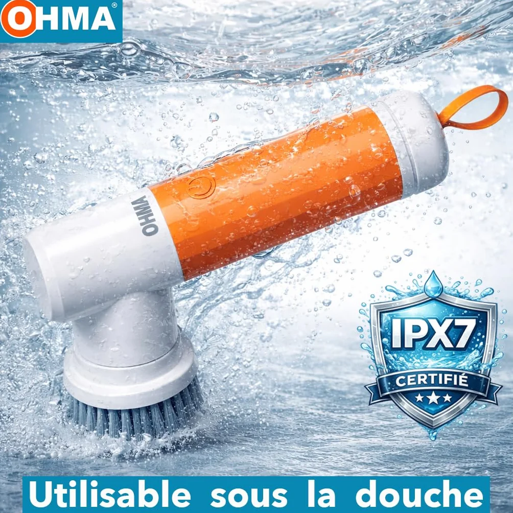 OHMA Brosse Électrique Rotative – 6 Têtes – Jusqu'à 2h30 d'Autonomie – Joints, Carrelage, Douche, Salle de Bain, Cuisine – Étanche IPX7 – USB-C – Garantie 3 Ans
