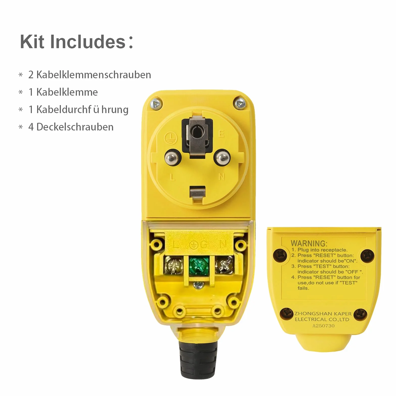 Kaper PRCD Prise de Protection Personnelle, 16 A, 230 V, IP54, Disjoncteur FI Portable avec Courant de Déclenchement de 30 mA, Étanche pour Chantier, Jardin, Camping et Atelier
