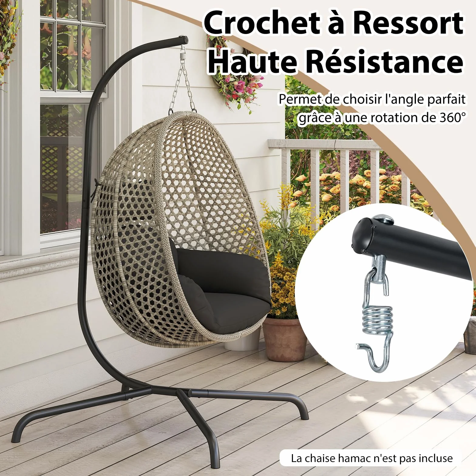 COSTWAY Hamac en Métal 1 Place avec Support, Rotation à 360°, Charge 180 kg, 106x105x197 cm