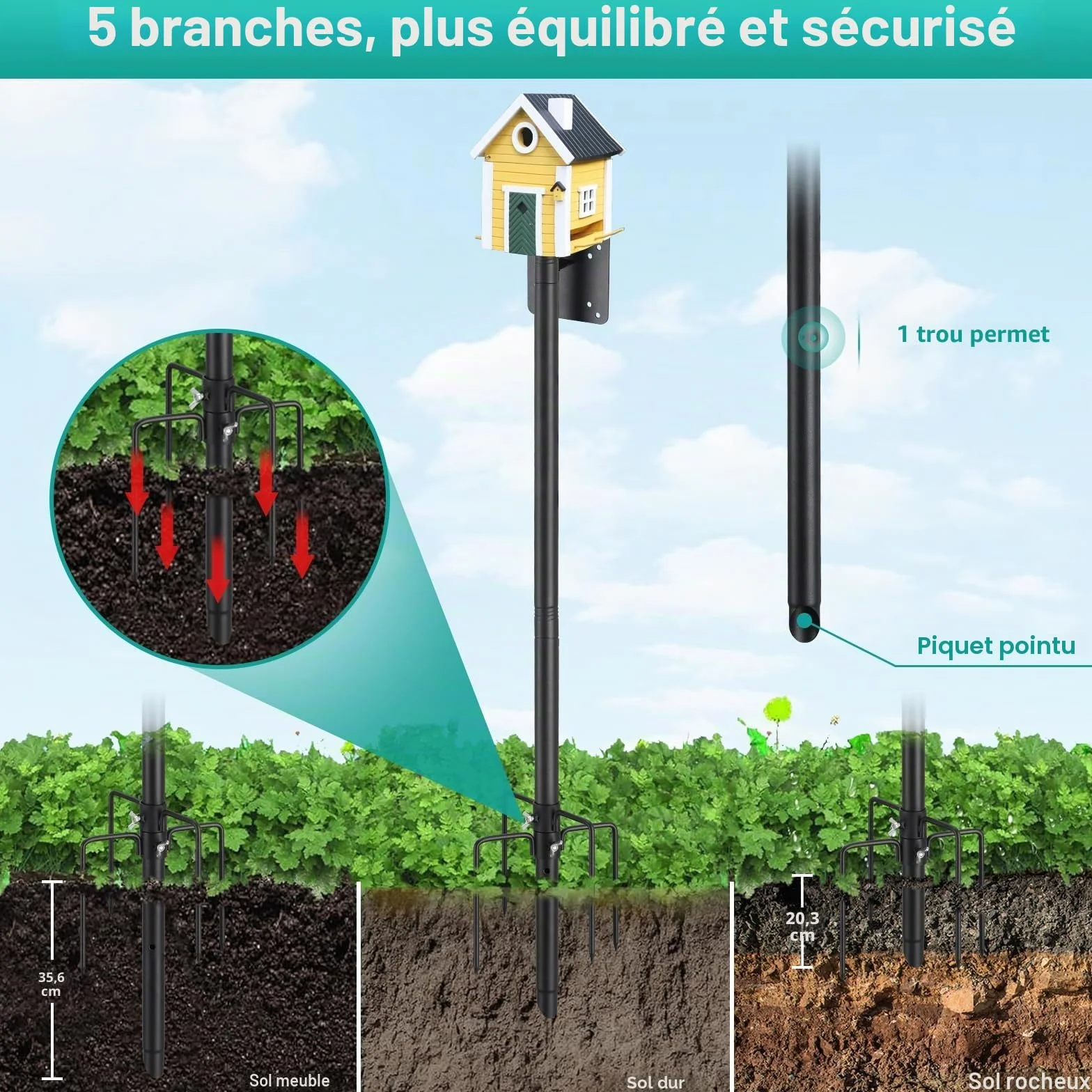 Support Maison Oiseaux 150 cm 5 Pointes Extérieur Réglable Universel Station Météo Kit Poteau Jardin
