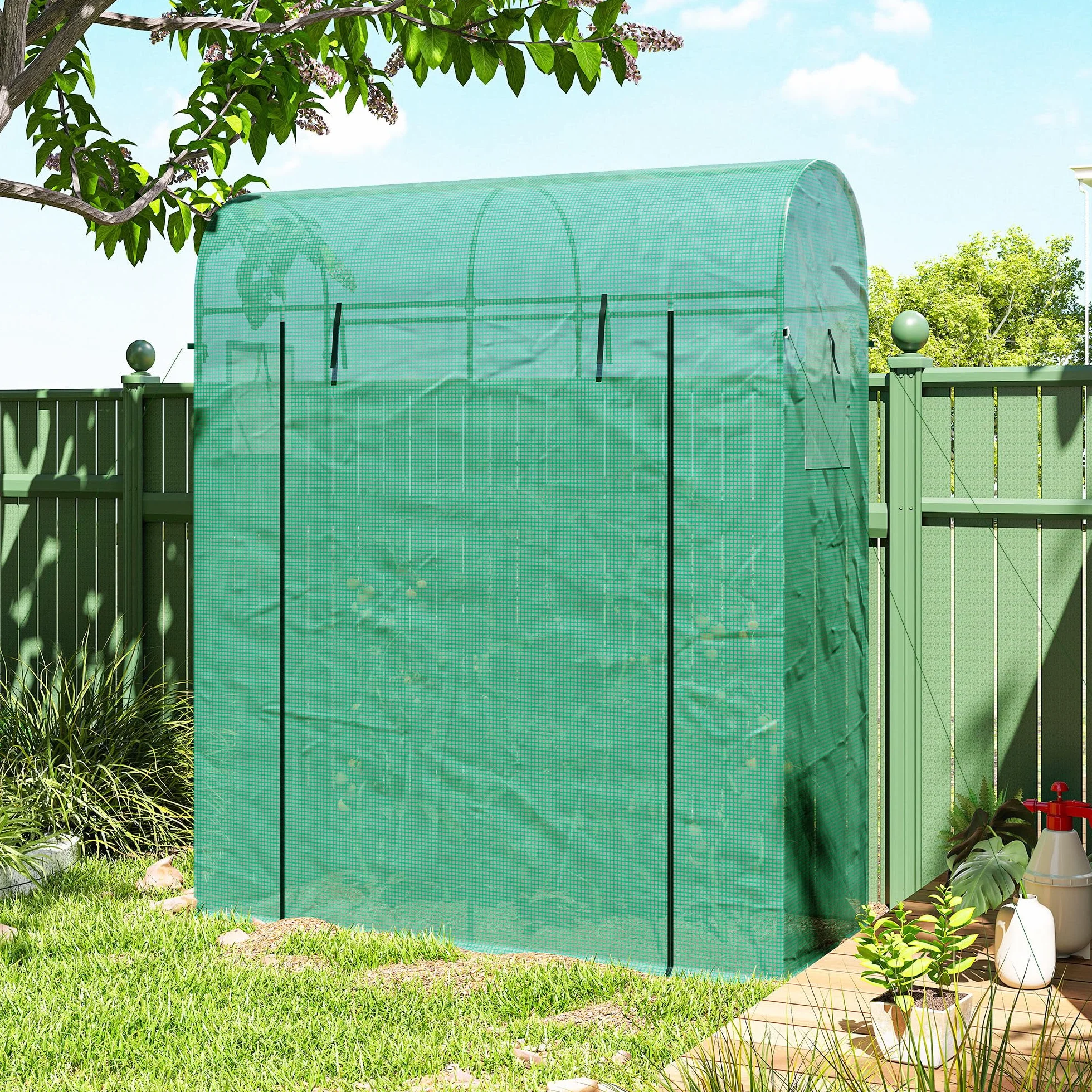 Outsunny Serre de Jardin, Petite Serre de Balcon en Bâche PE et Châssis Acier, Porte Roulante, Fenêtres en Maille, 170 x 68 x 200 cm, Vert