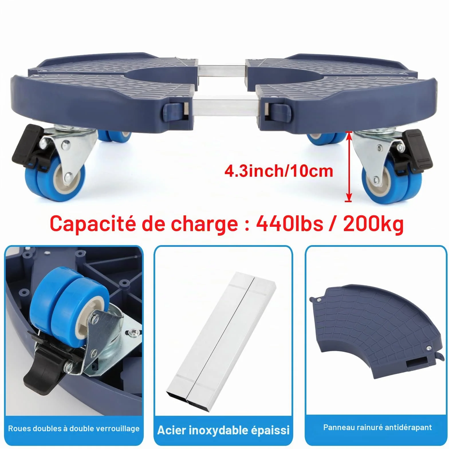 WEIBIDA Porte Plante à Roulettes Rotation 360° Capacité 200 KG Plateau Réglable Ø 40-54cm Bleu