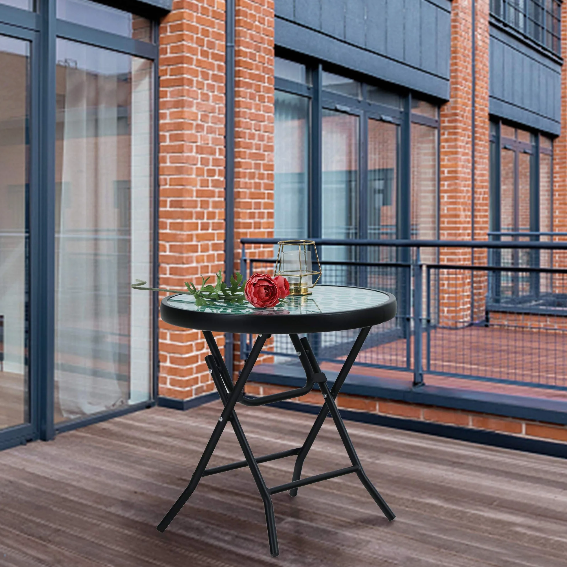 PHI VILLA Table d'appoint Ronde Pliable Verre Métal Petite Table de Balcon résistante aux intempéries