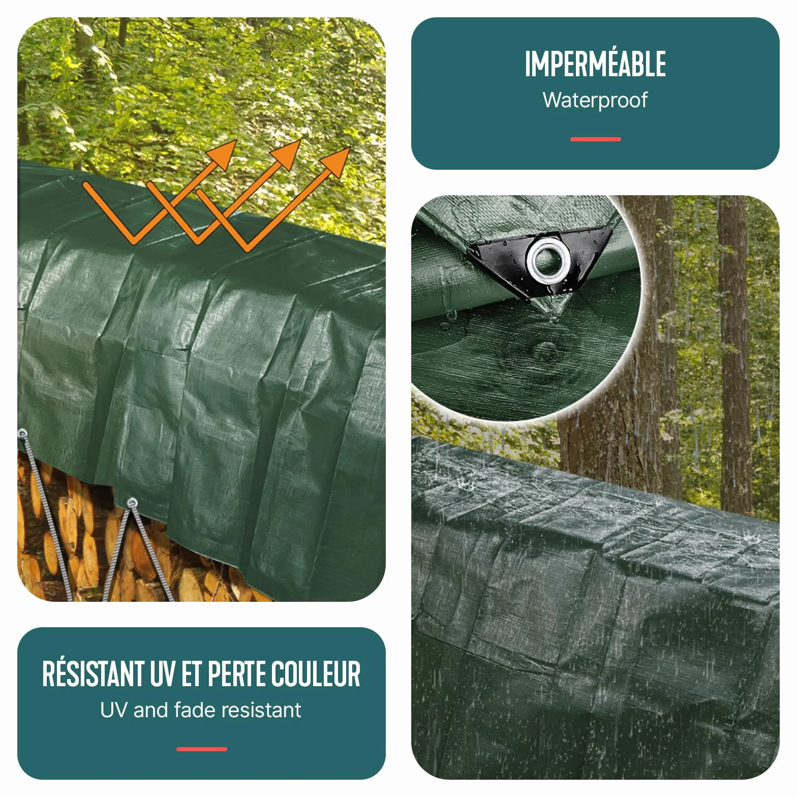 VOUNOT® Bâche de Protection en Polyéthylène 240g/m² Imperméable Ultra Lourde et Résistante Revêtue des Deux Côtés avec Oeillets en Aluminium Vert et Argent 4x6m