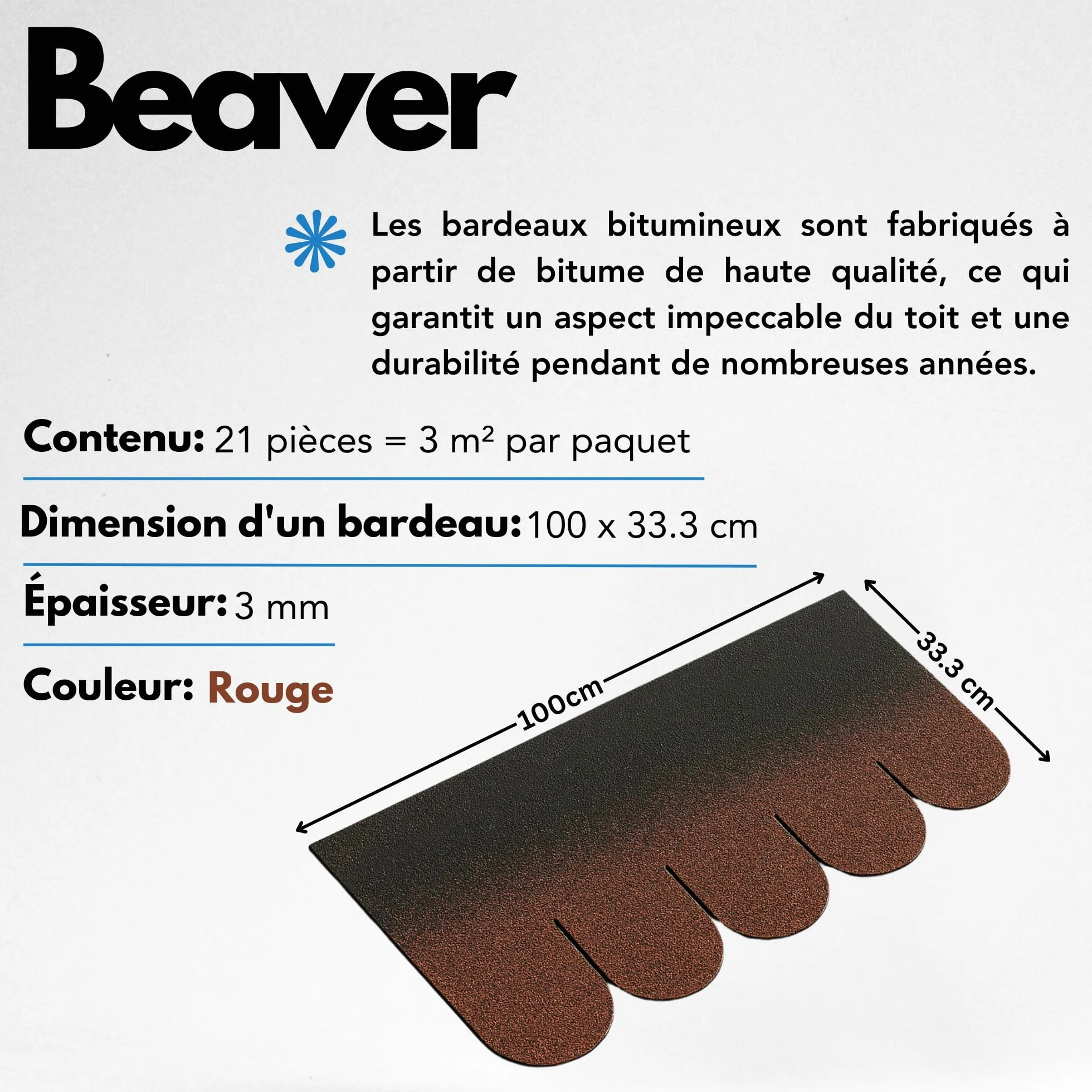Lot de bardeaux bitumineux Timbela Beaver B-RED - couleur rouge, revêtement de toiture en bitume pour abri de jardin