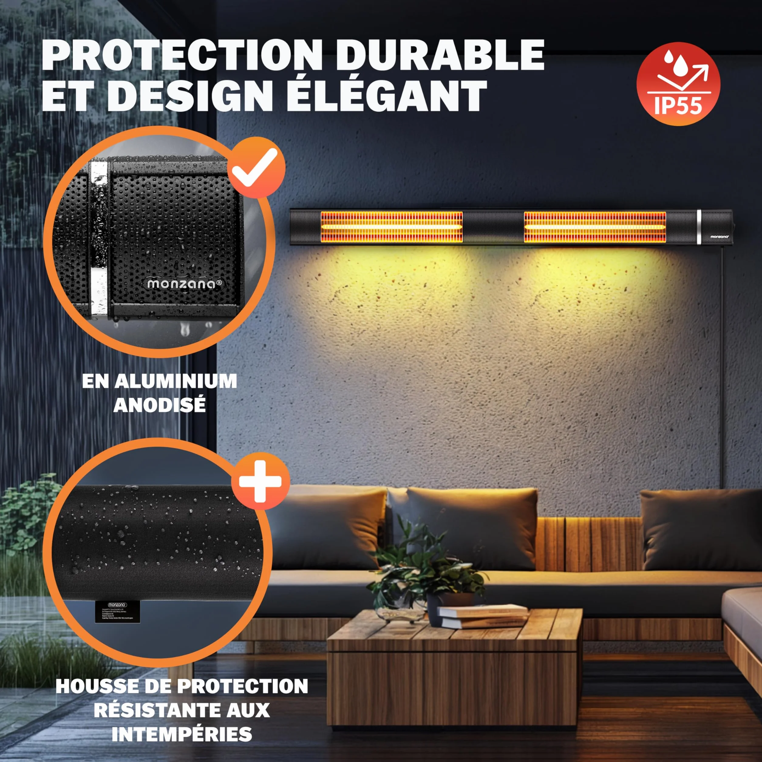 MONZANA Radiateur infrarouge MZH3000 2000W commande application 3 niveaux chauffage télécommande mural noir