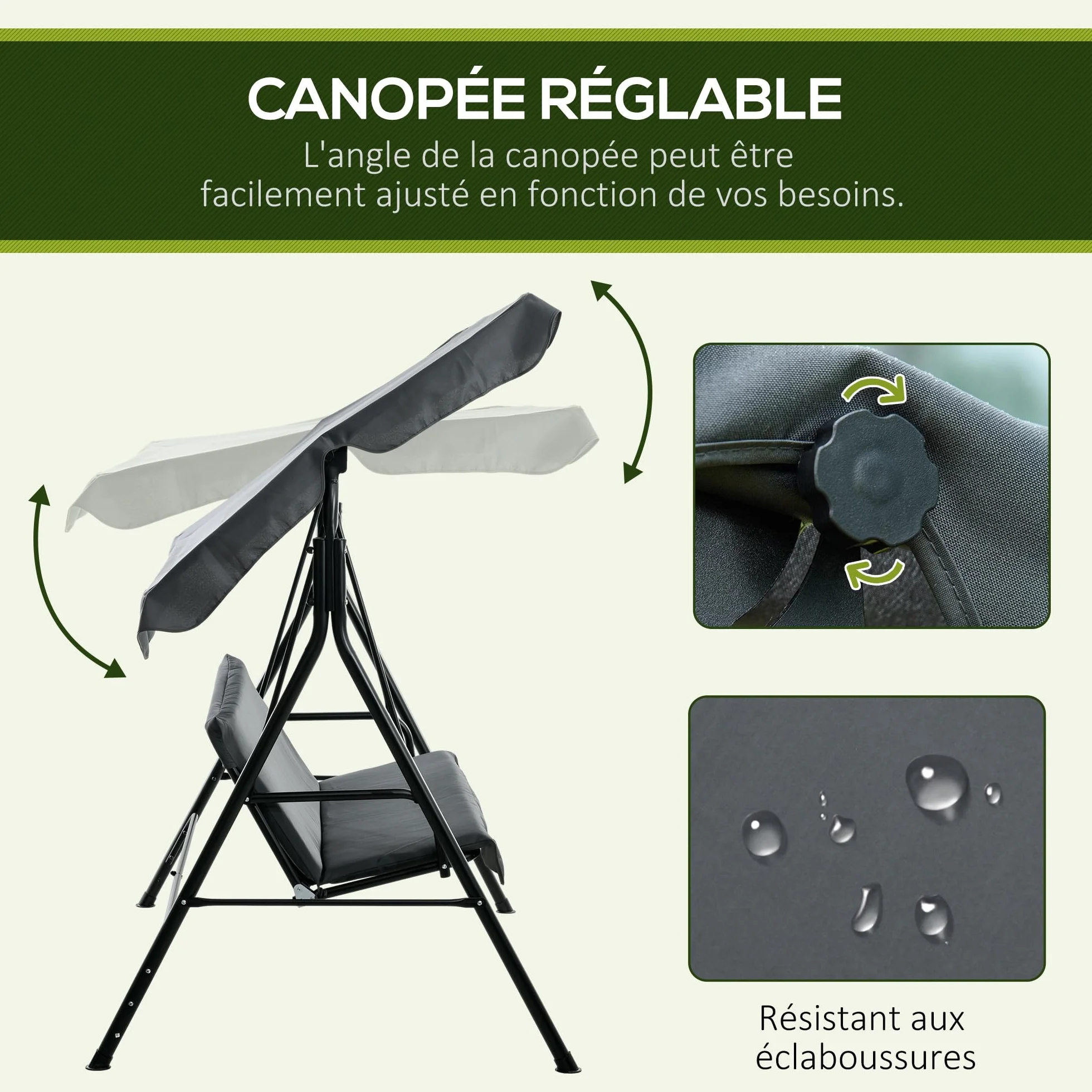 Outsunny Balancelle de Jardin 3 Places Toit Inclinable Coussins Acier Noir 1,72L x 1,1l x 1,53H m
