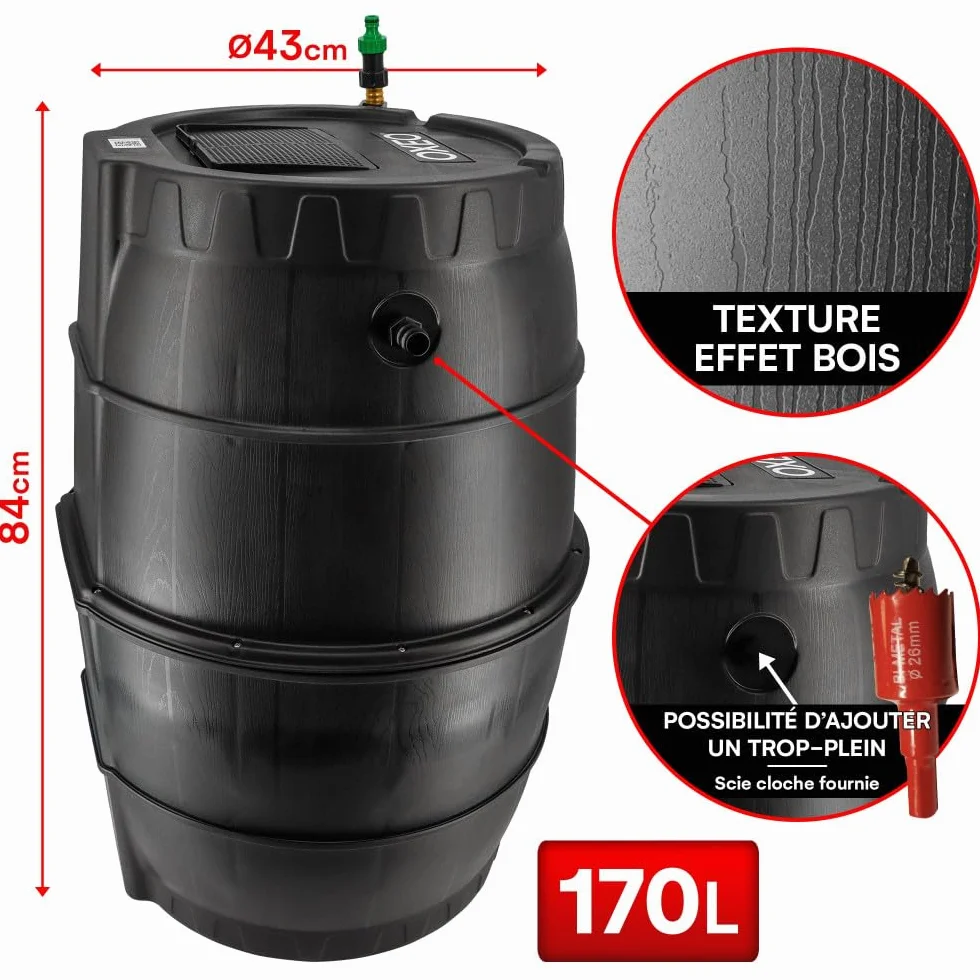 Oxeo Récupérateur Eau de Pluie Semi-Rigide 170L Tonneau résistant au Gel Tuyau Kit perçage Trop-Plein