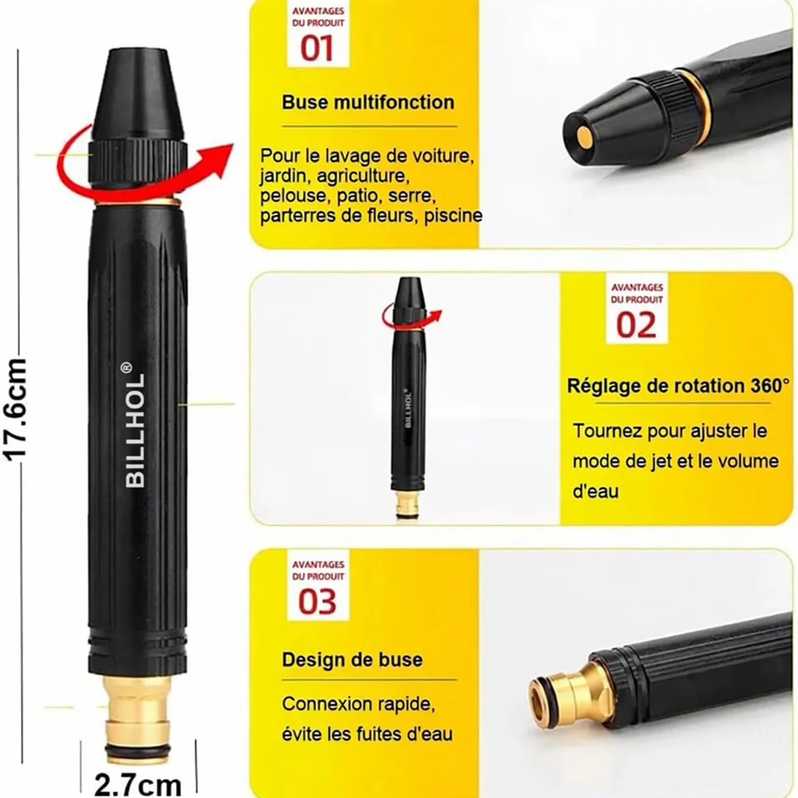 Billhol Pistolet Haute Pression de Lavage Auto pour Maison avec Buse Réglable et Multifonction (1 pièce)