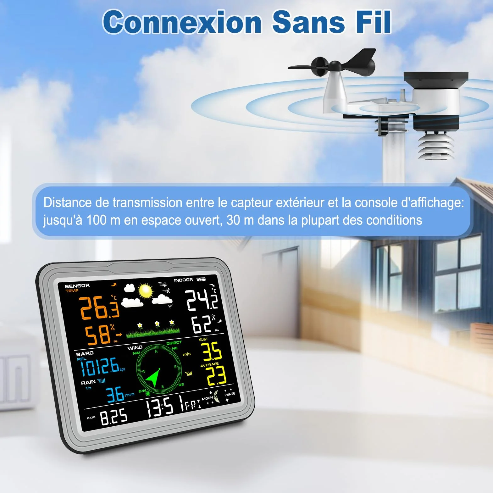 Station Météo Sans Fil 7-en-1 Urageuxy avec Capteur Extérieur, Pluviomètre, Vent, Thermomètre/Hygromètre, Pression Atmosphérique (Gris)