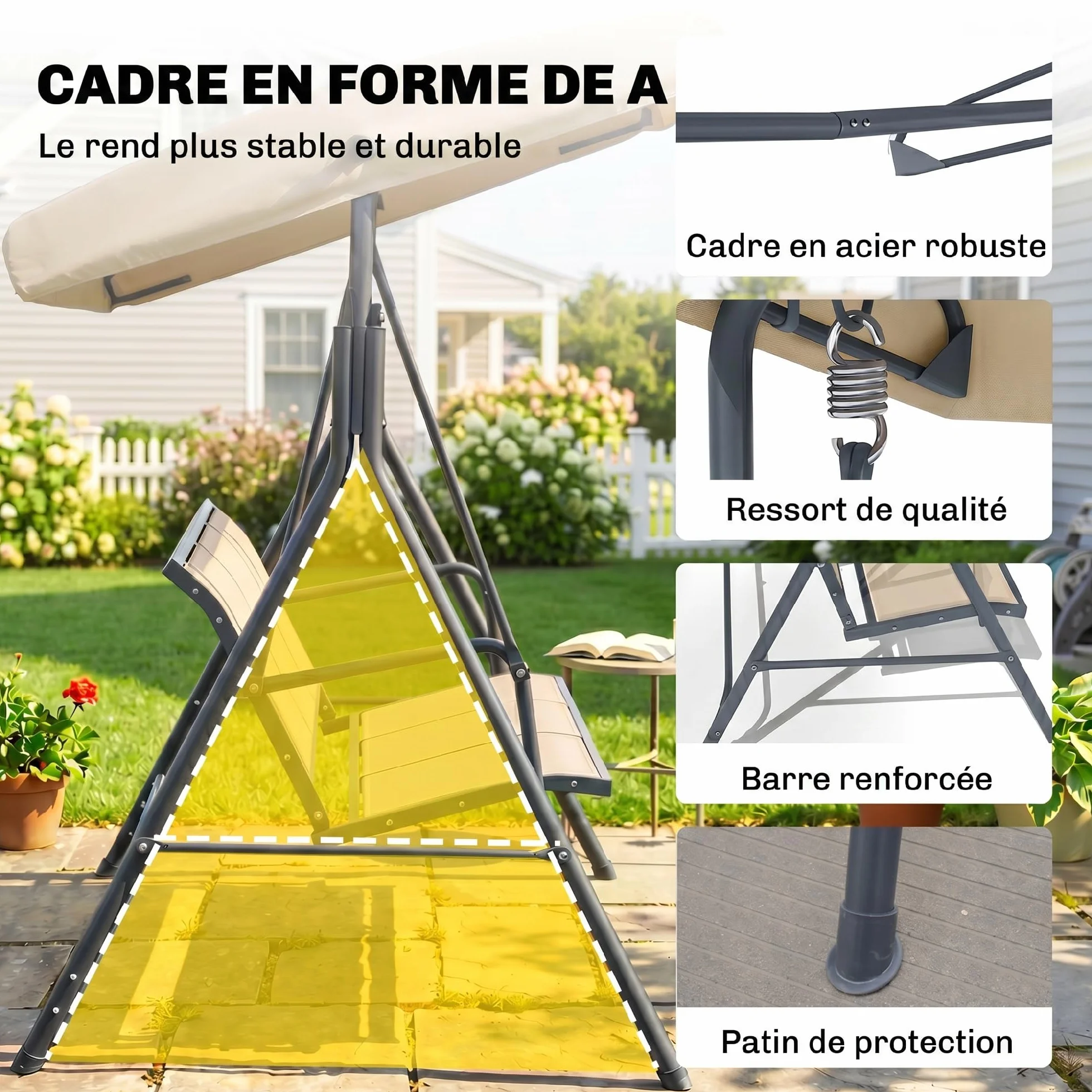 Outsunny Balancelle de Jardin 3 Places Toit Inclinaison réglable Acier époxy Beige