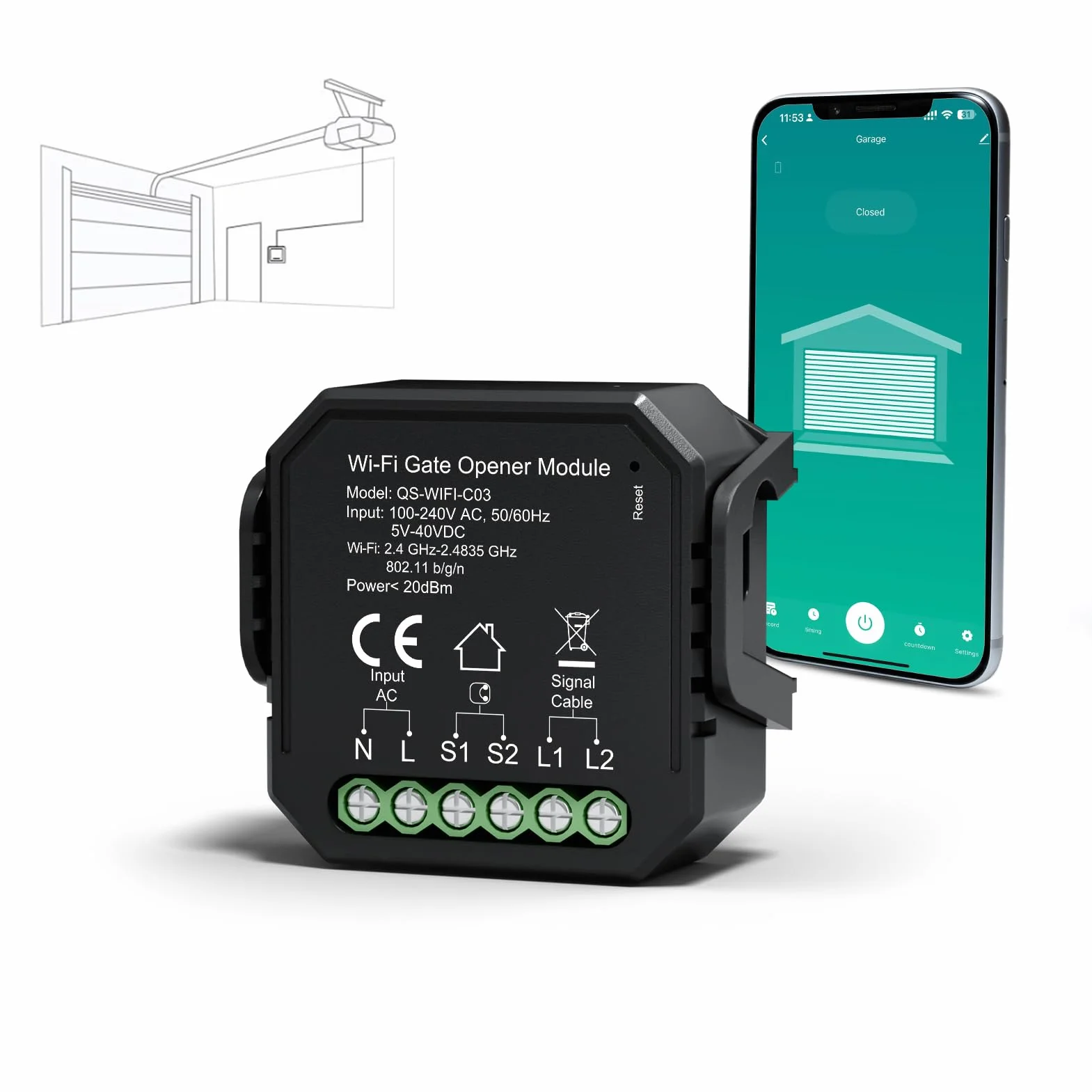 Yomogi Ouvre-Porte de Garage Wi-Fi, Module d’interrupteur Connecté de Garage, Contrôle Vocale et Programmation, Compatible Alexa/Google Home/Smartlife, Facile Installation