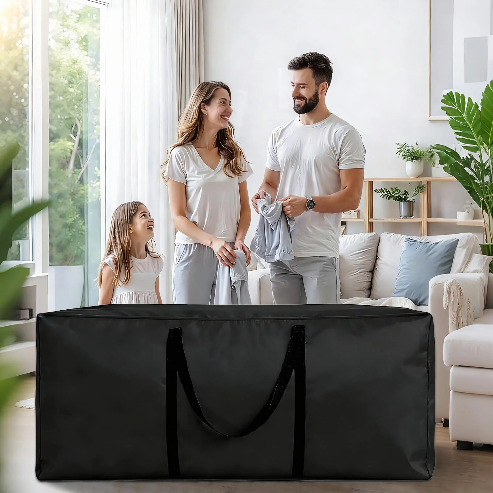 Sac de Rangement pour Coussin de Jardin Grand Format Tissu Oxford Noir avec Poignées Renforcées