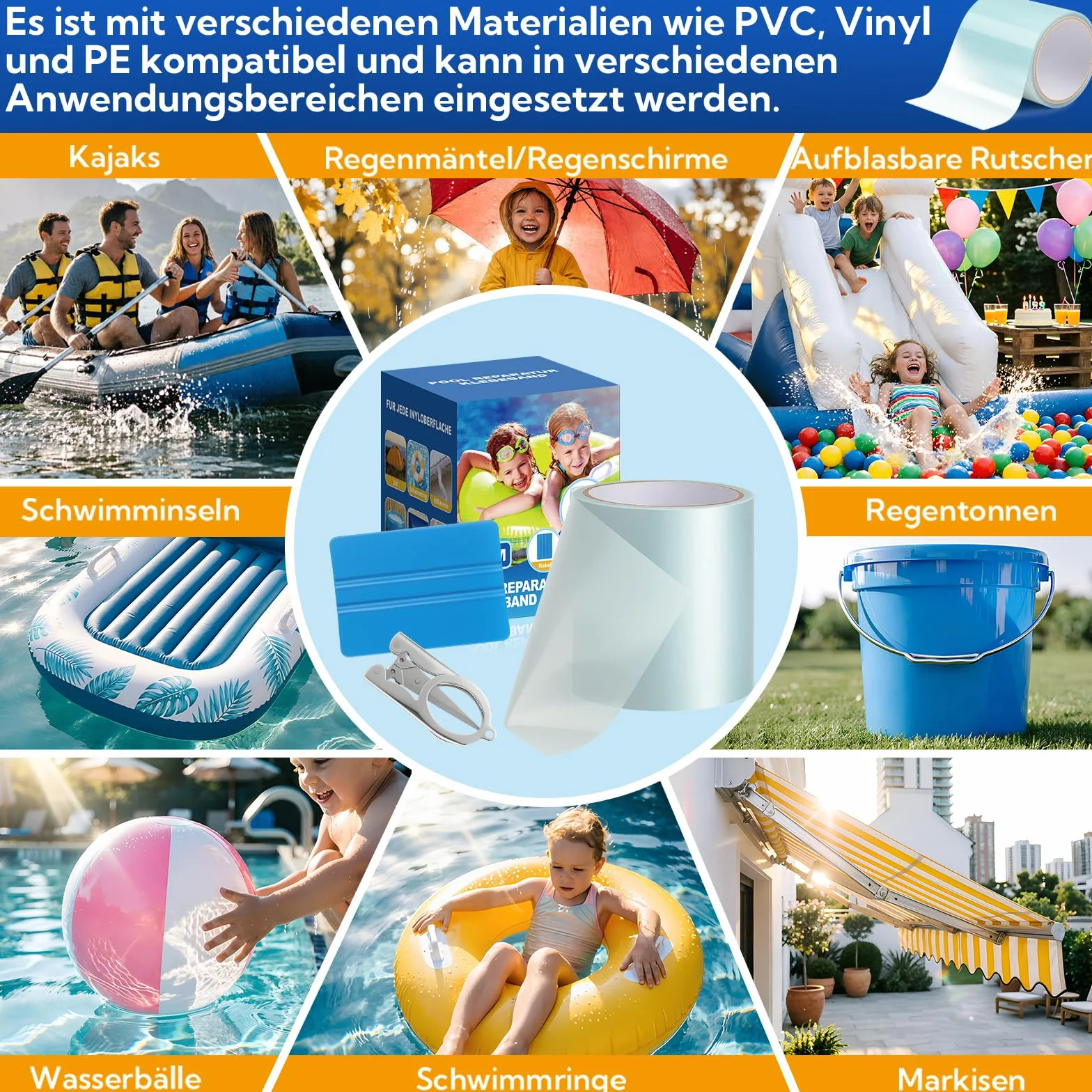 Kit Réparation Piscine Étanche PVC 10cm x 350cm, Ruban Adhésif Transparent pour Piscine, Spa et Matelas Gonflable