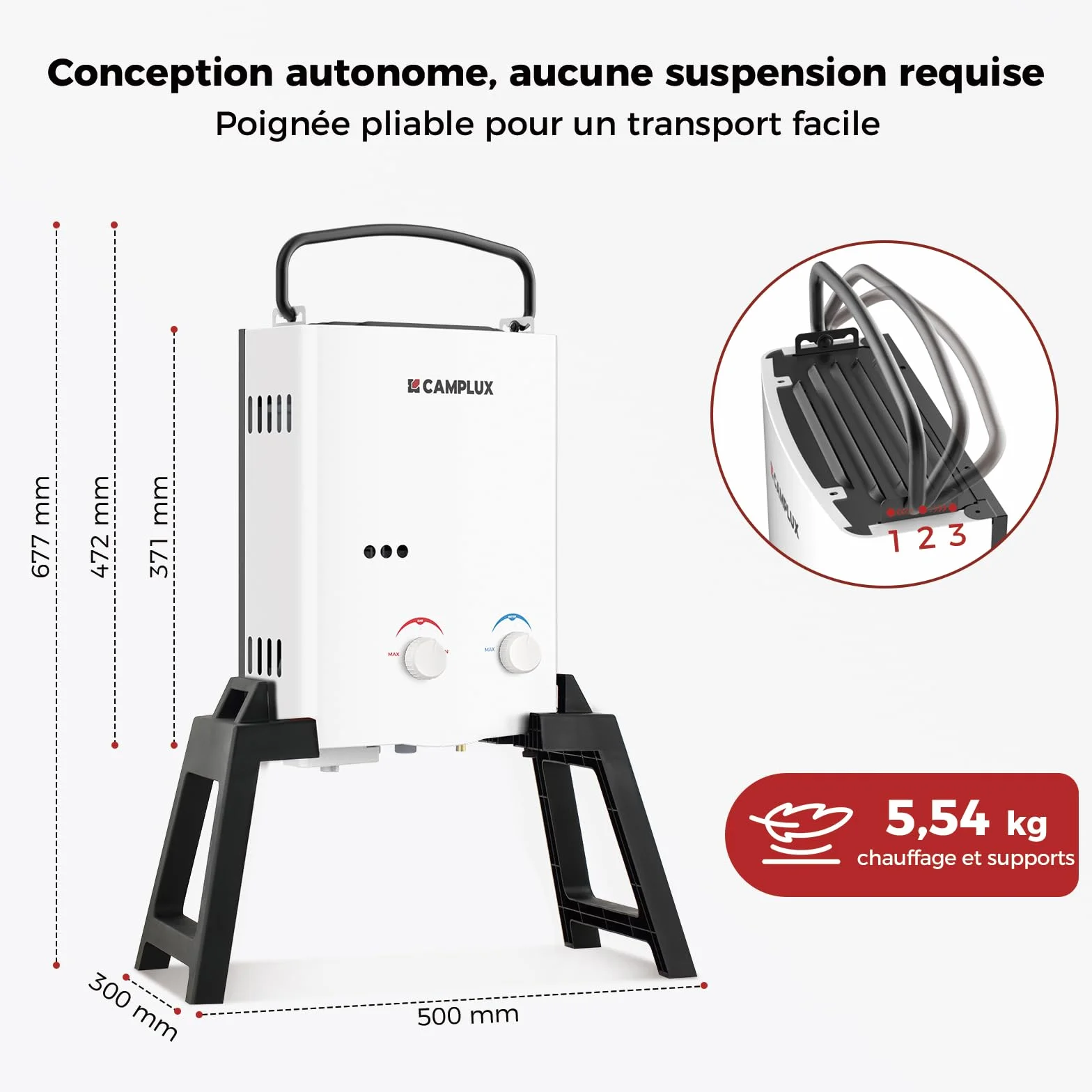 CAMPLUX AY132Max Chauffe-eau à Gaz 5 Litres Pompe à Eau Support Portatif Instantané Propane 37 mbar Butane 28-30 mbar