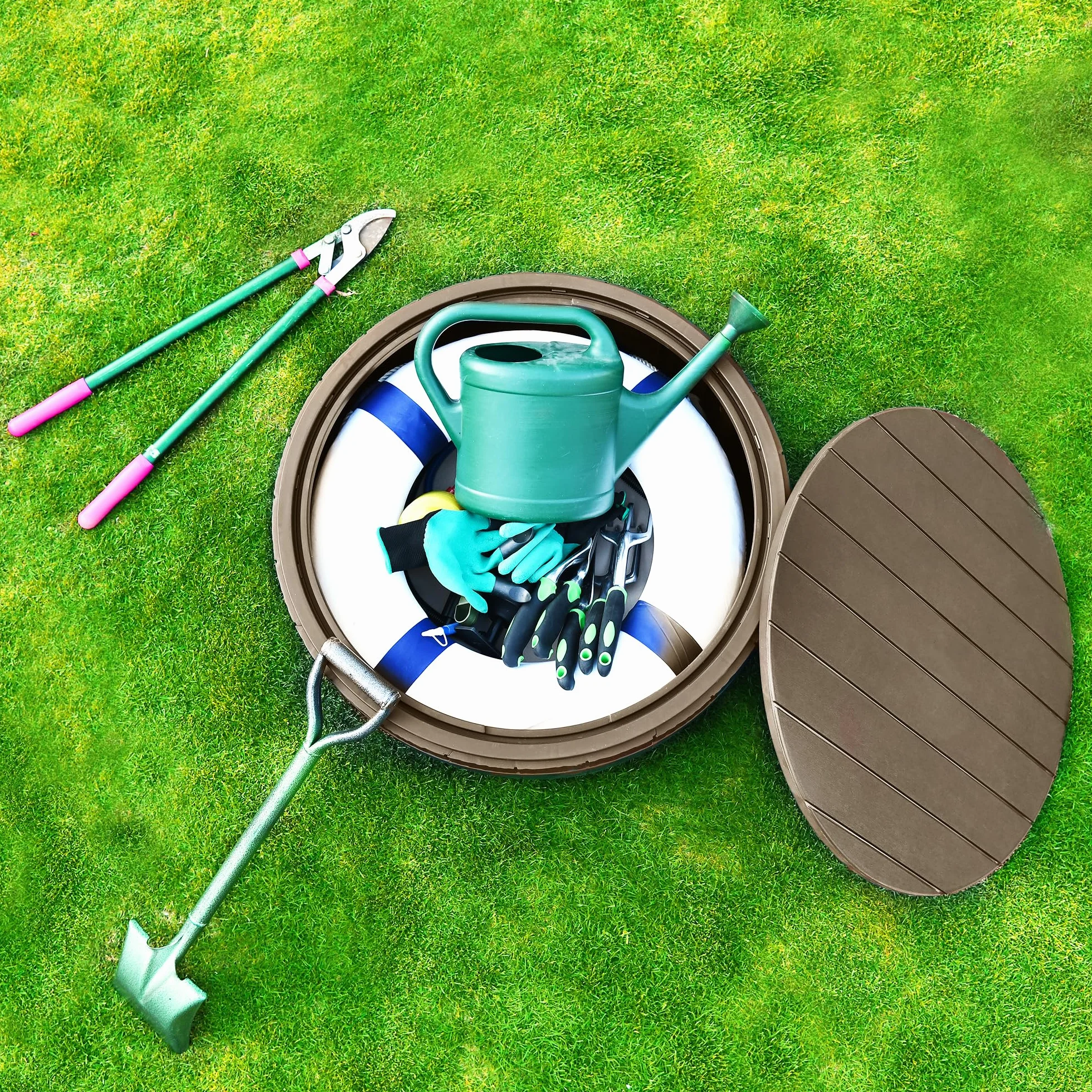 YITAHOME Coffre de Rangement Ronde 127L, Boîte Extérieure Imperméable Résine, Marron Clair