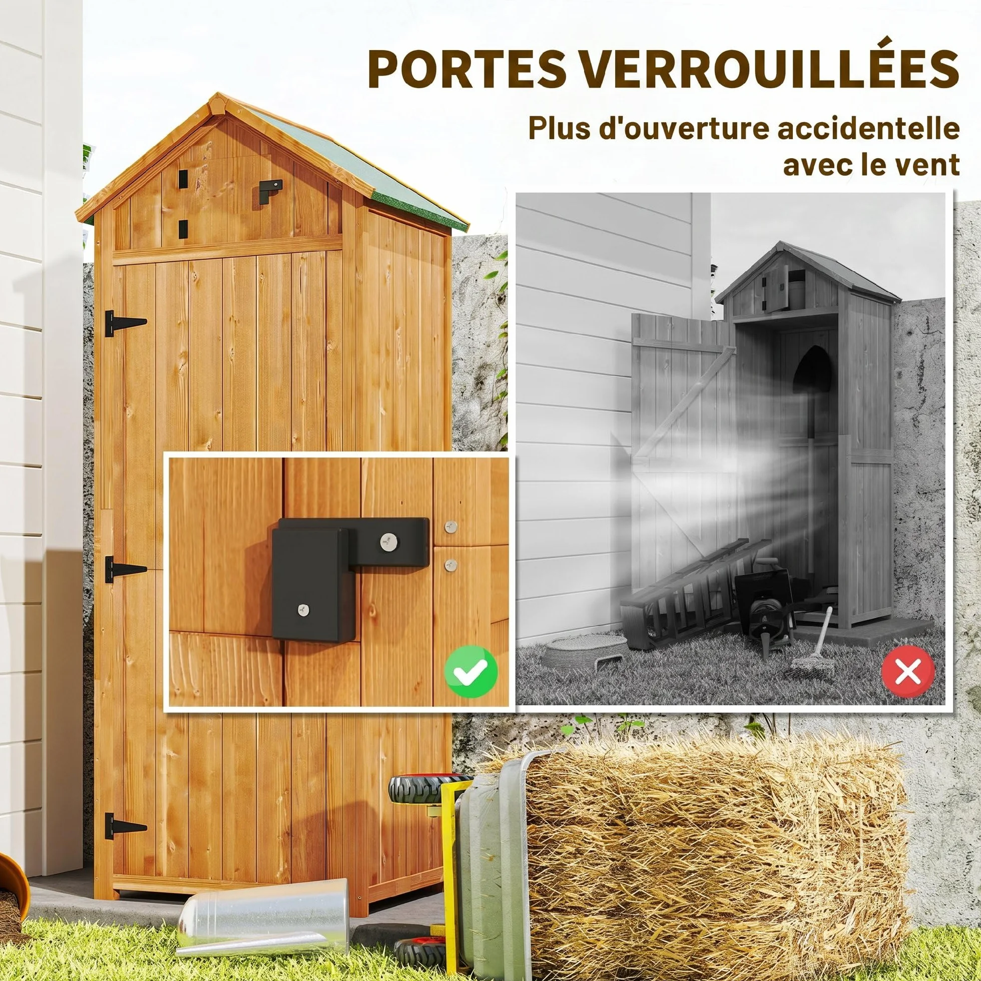 Outsunny Armoire de Jardin Bois 3 étagères 2 Portes 77x54x179 cm Jaune