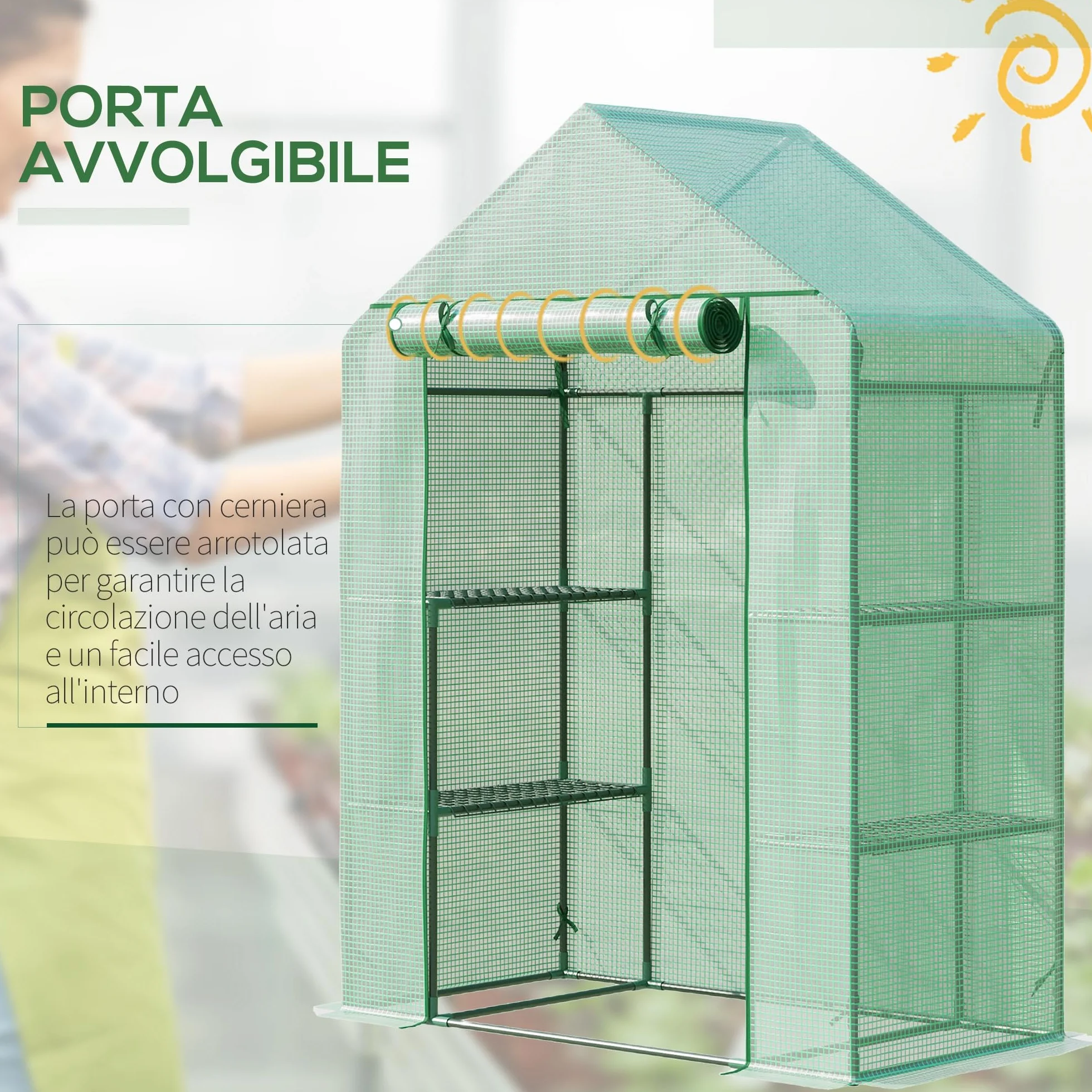 Outsunny Serre de Jardin avec Étagères 3 Niveaux, Bâche PE 140 g/㎡, Châssis Acier, 141x72x191 cm, Vert
