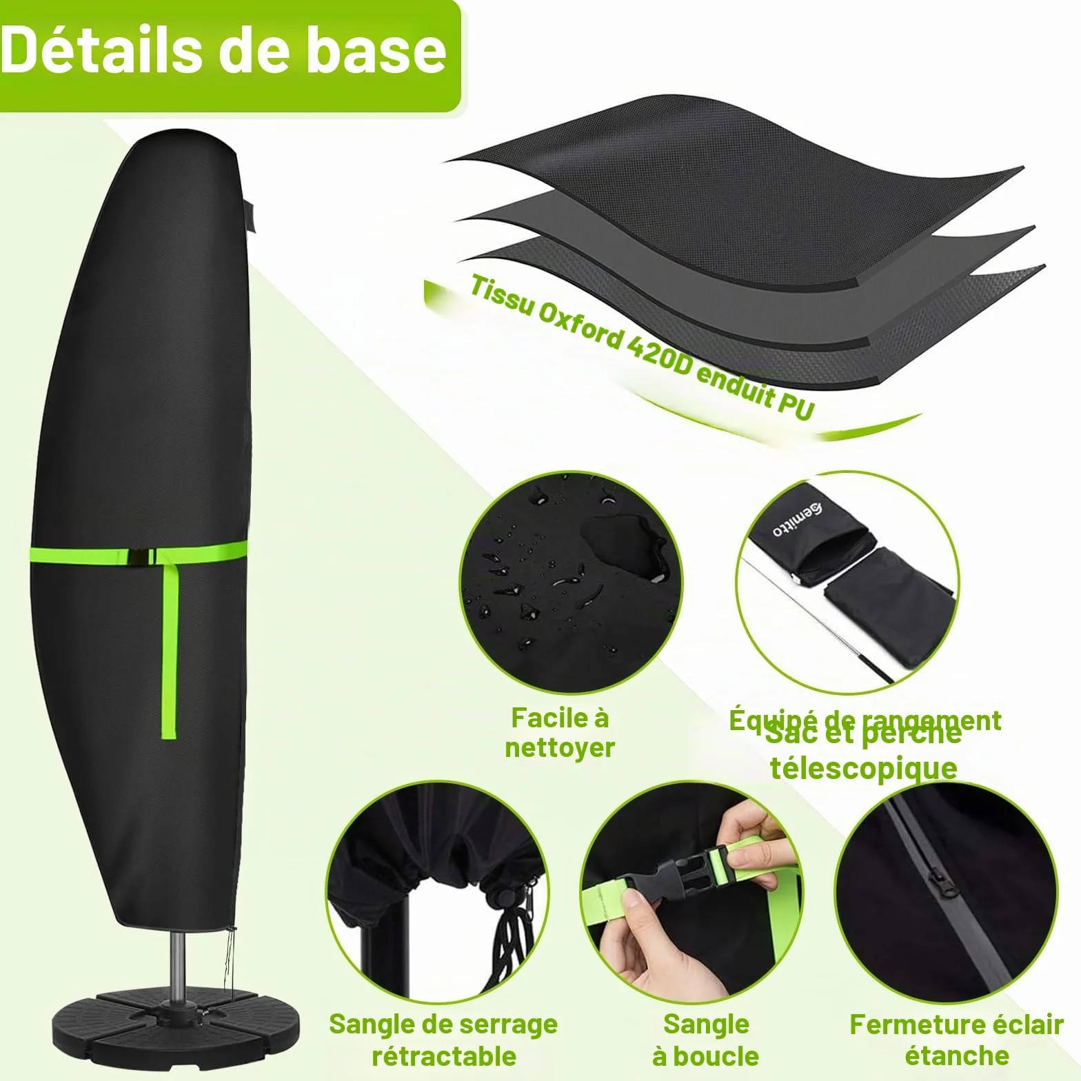 GEMITTO Housse de Parasol 420D Oxford Protection Parasol Déporté 280L x 81W Noir