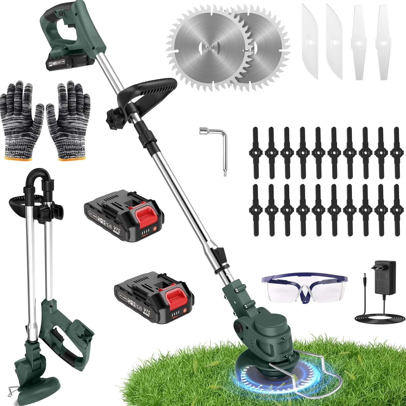 Debroussailleuse Electrique sans Fil 850W Rotofil 60cm Manche Telescopique 2x2000mAh 26 Lames Vert Lierre