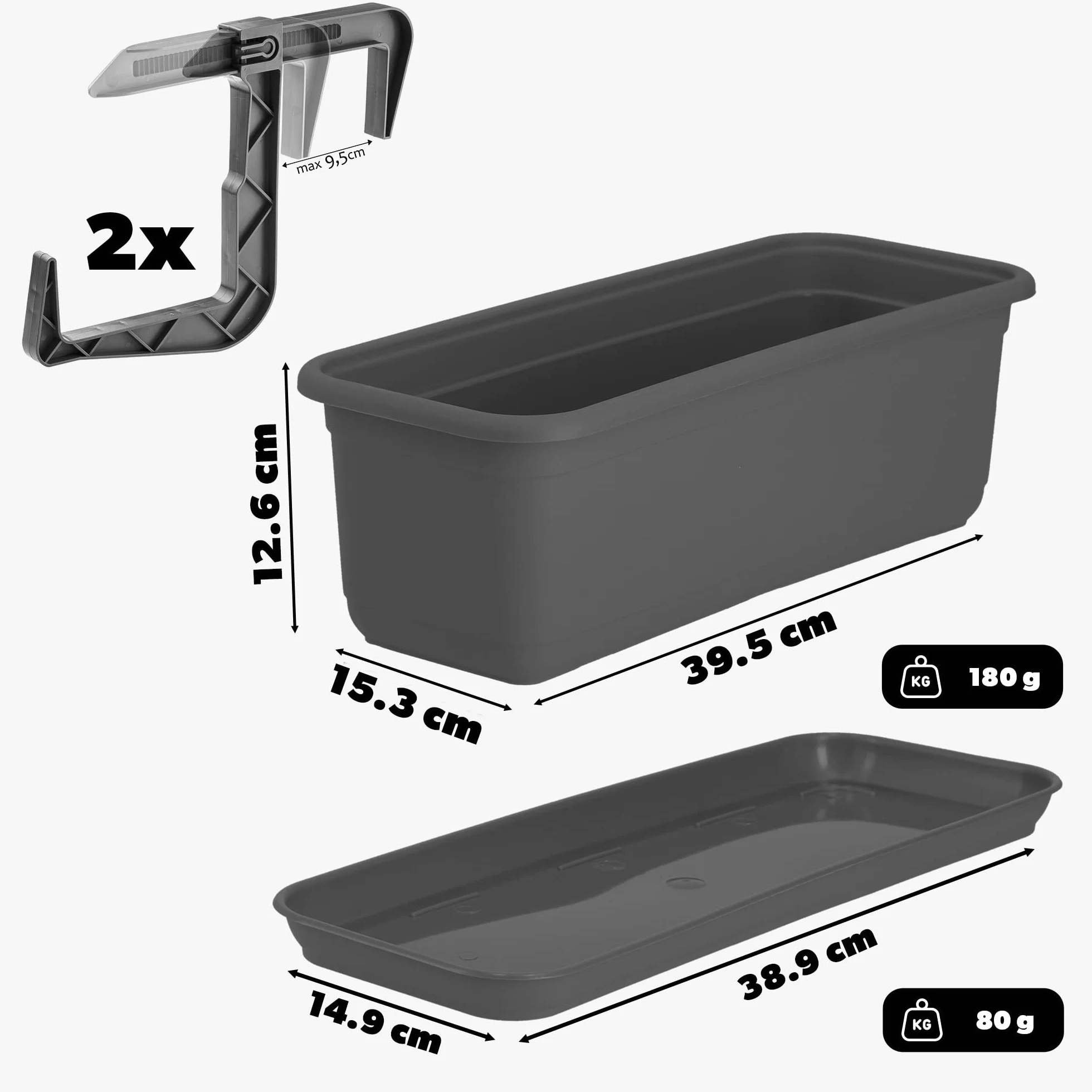 KADAX Jardinière 40 cm avec sous-plateau, Anthracite – Pot de fleurs en plastique pour balcon intérieur extérieur