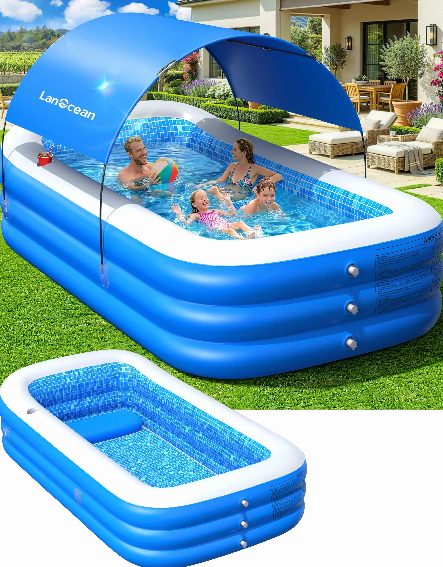 LanOcean Piscine Gonflable Adulte 280x160x50cm 0,53mm Épaisseur avec Parasol Siège Porte-gobelet