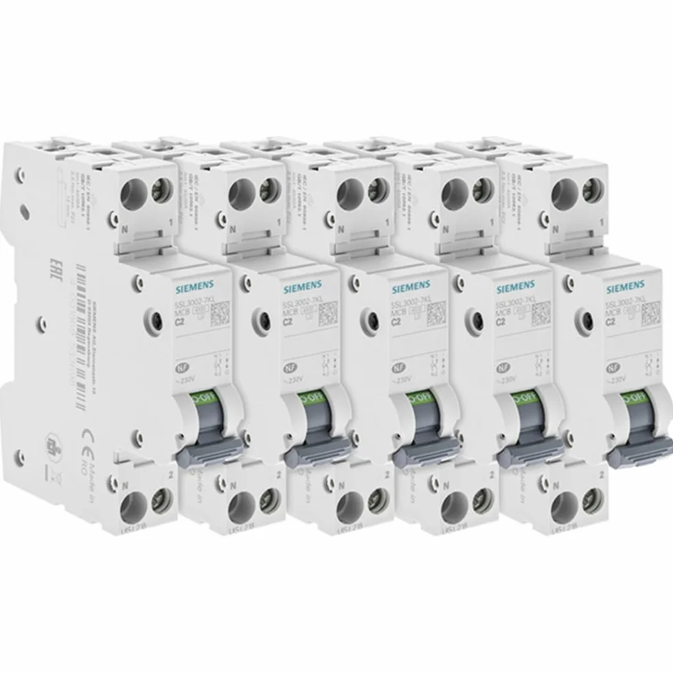 Siemens Ingenuity for life - Lot de 5 Disjoncteurs électriques phase + neutre 2A