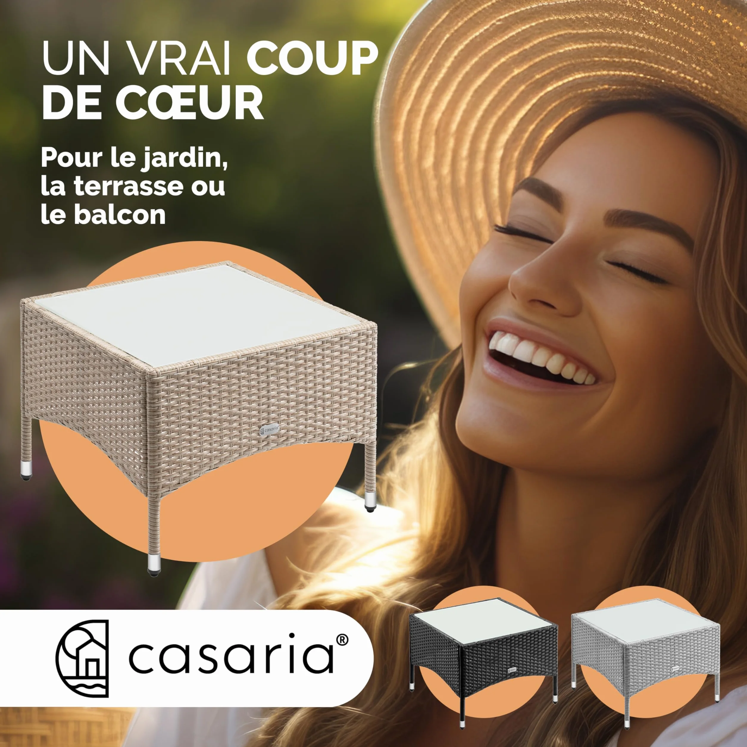 Casaria Table d'appoint en polyrotin crème 58x58x42cm Table Basse de Jardin carrée avec Plaque en Verre