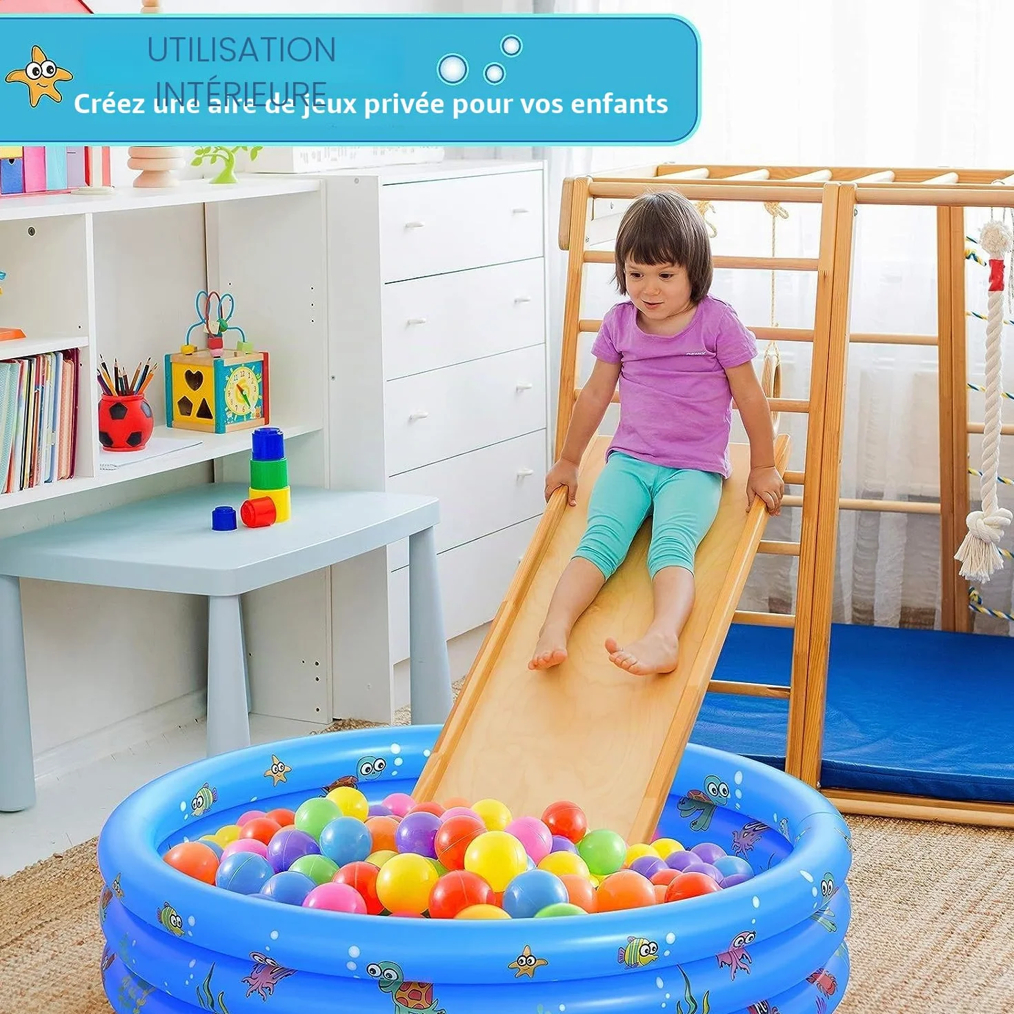 Piscine Gonflable pour Enfants 100x40cm PVC Antidérapant 3 Anneaux Bleu