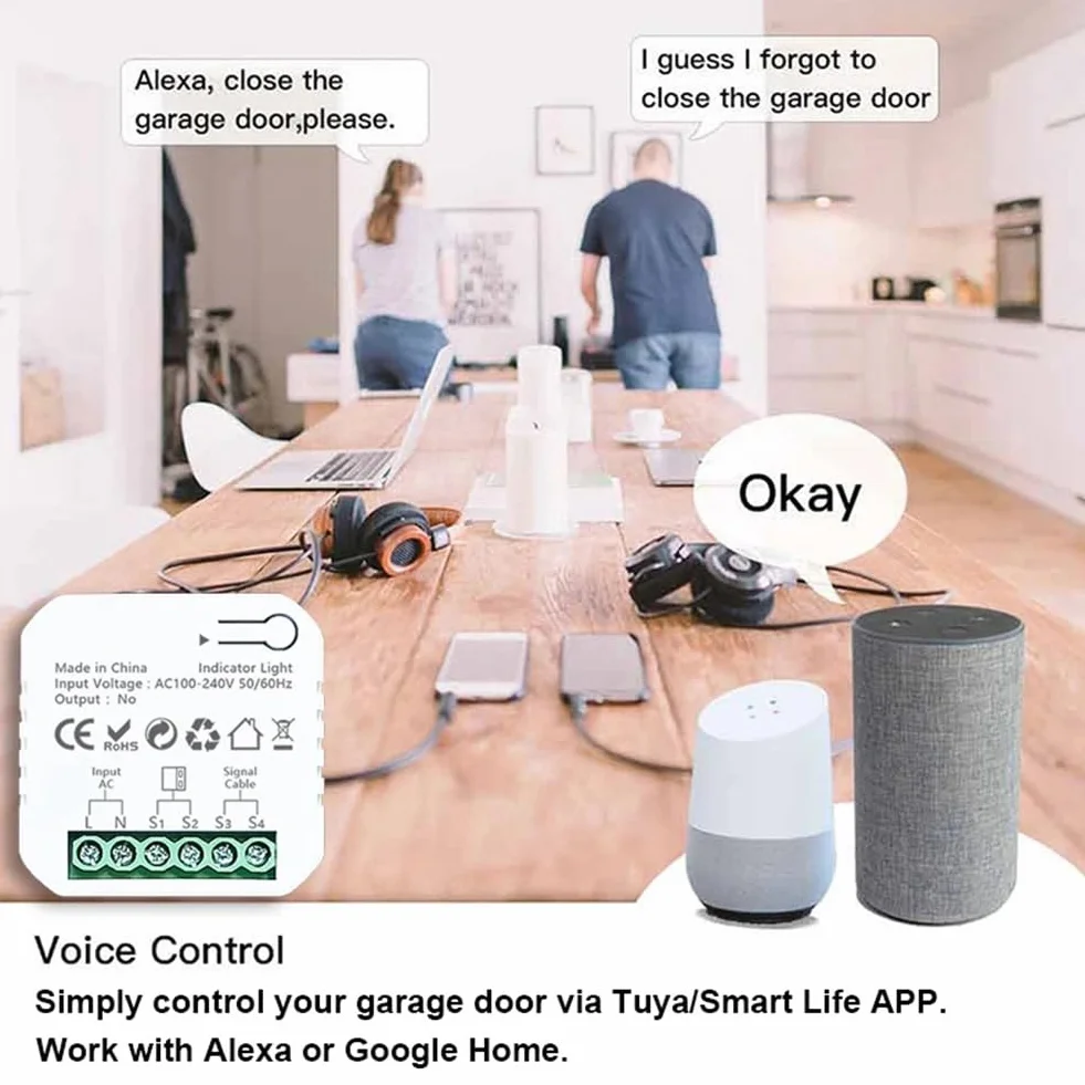 Tuya Smart Life Contrôleur d'ouverture de porte de garage WiFi avec application capteur, convient pour Alexa Home, prise européenne