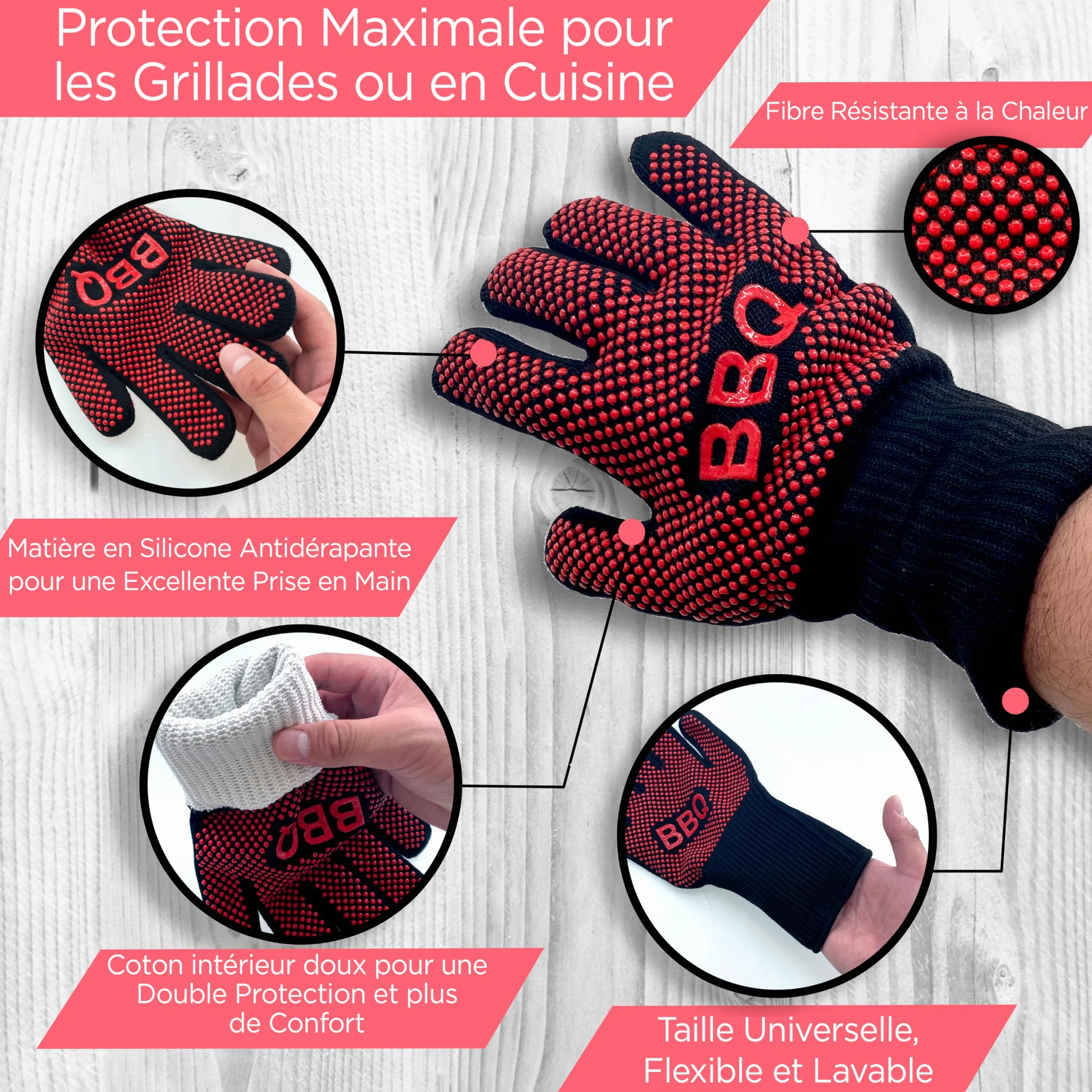 Nutrichef Gants de Barbecue Thermiques Anti Chaleur 800°C, Gants de Cuisine Anti Brûlure avec Silicone Antidérapant