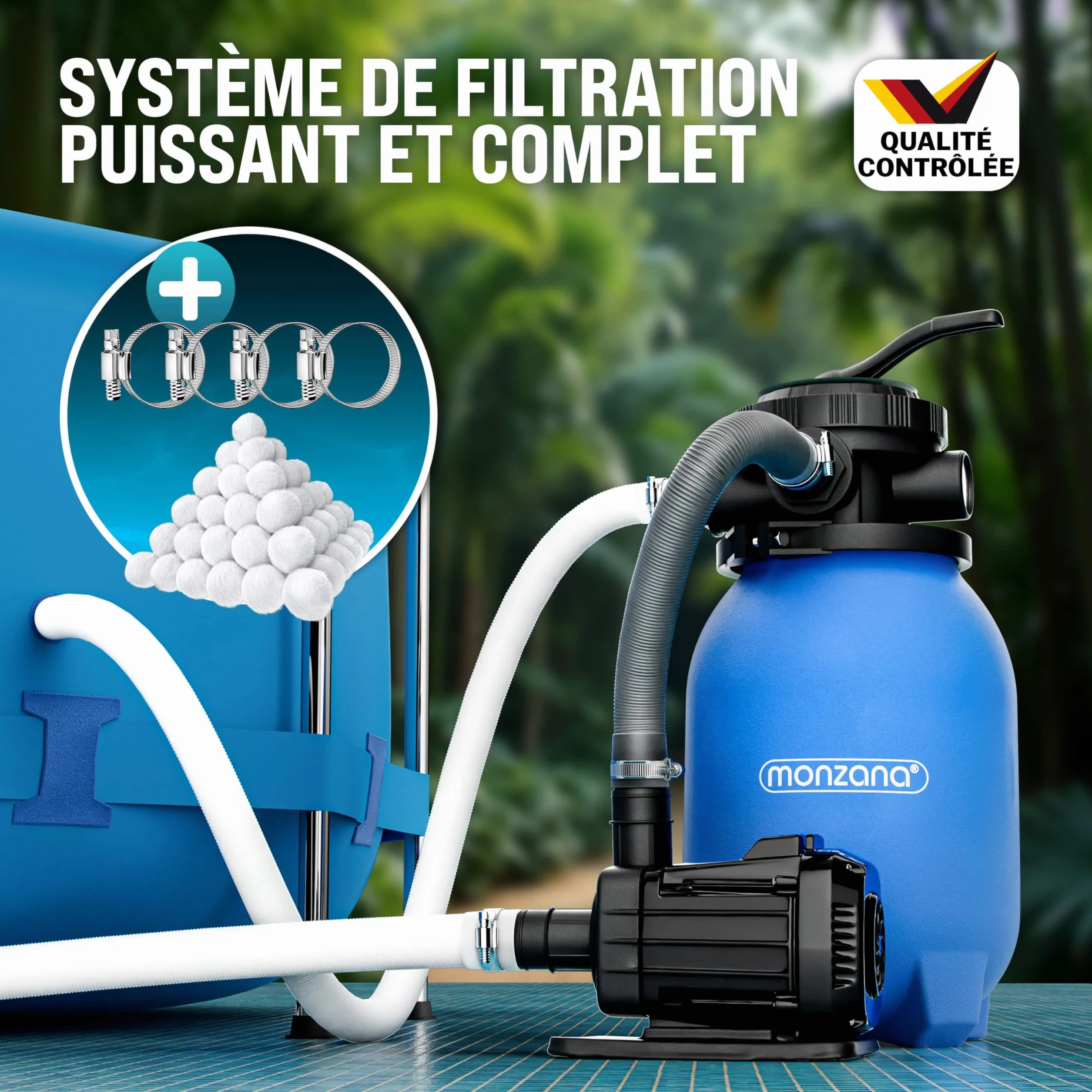 MONZANA Pompe filtre à sable 5 m³ auto-amorçante pour piscines jusqu'à 15 m³ vanne 7 voies Ø32-38mm