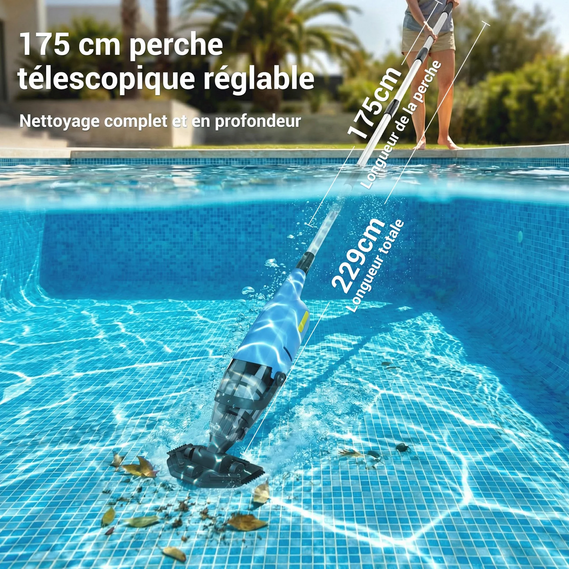 Nettoyeur de piscine sans fil rechargeable – Aspirateur à main avec tige télescopique et filtre fin pour piscines hors-sol et jacuzzis