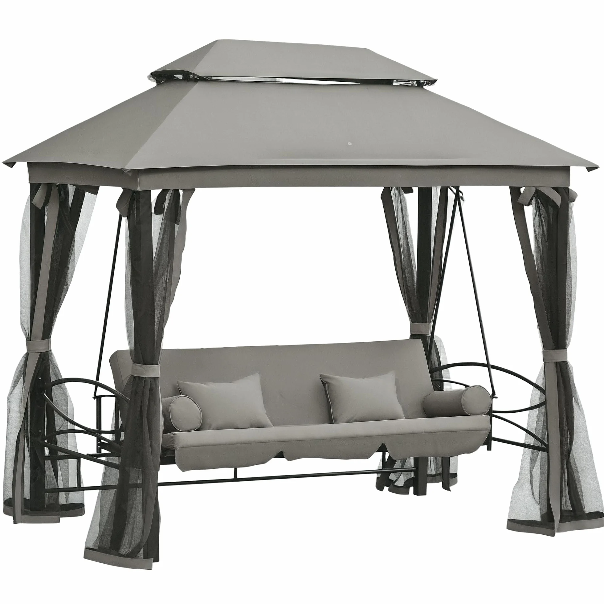 Outsunny Balancelle de Jardin 3 Places Convertible Colonial 5 Coussins + Matelas + Moustiquaire 2,56L x 1,72l x 2,48H Gris