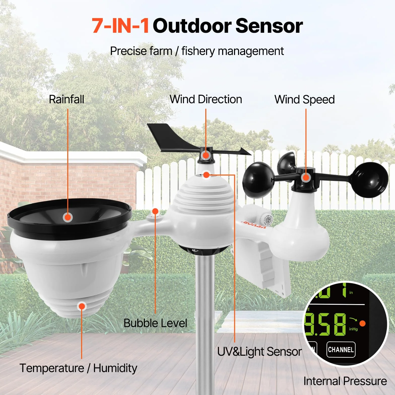 VEVOR Station Météo Wifi 7 en 1 Sans Fil Intérieur Extérieur Solaire Grand Écran 7,5 po Capteur Température Humidité Vent Pluie