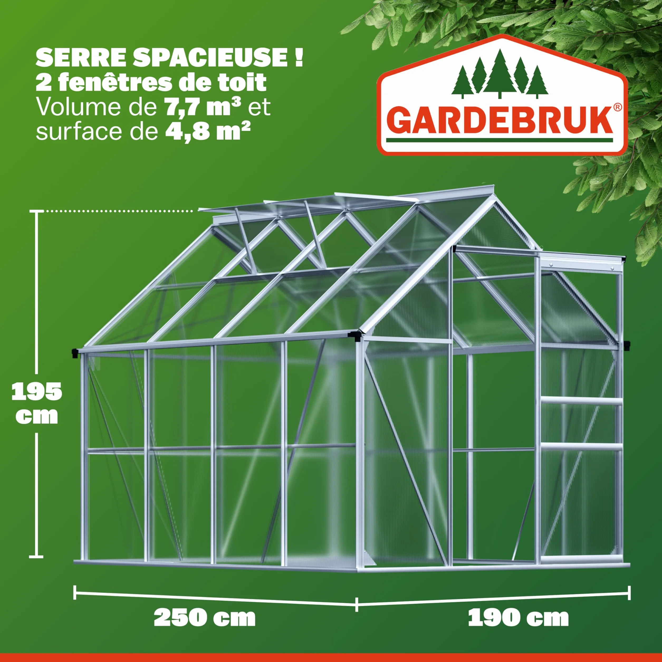 Serre de Jardin Aluminium Polycarbonate 4,8m² 250x190cm 2 Lucarnes Structure Stable