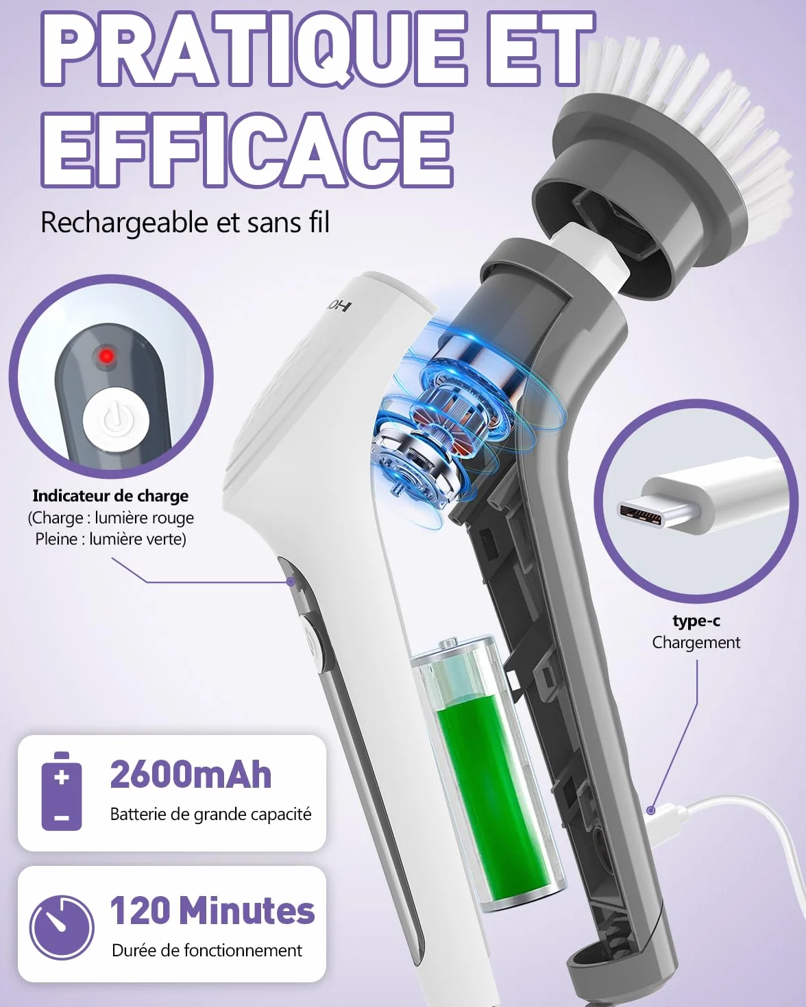 Brosse Électrique Nettoyage Rechargeable USB sans Fil, Electric Spin Scrubber, avec Tige Télescopique et 9 Têtes Interchangeables pour Salle de Bain