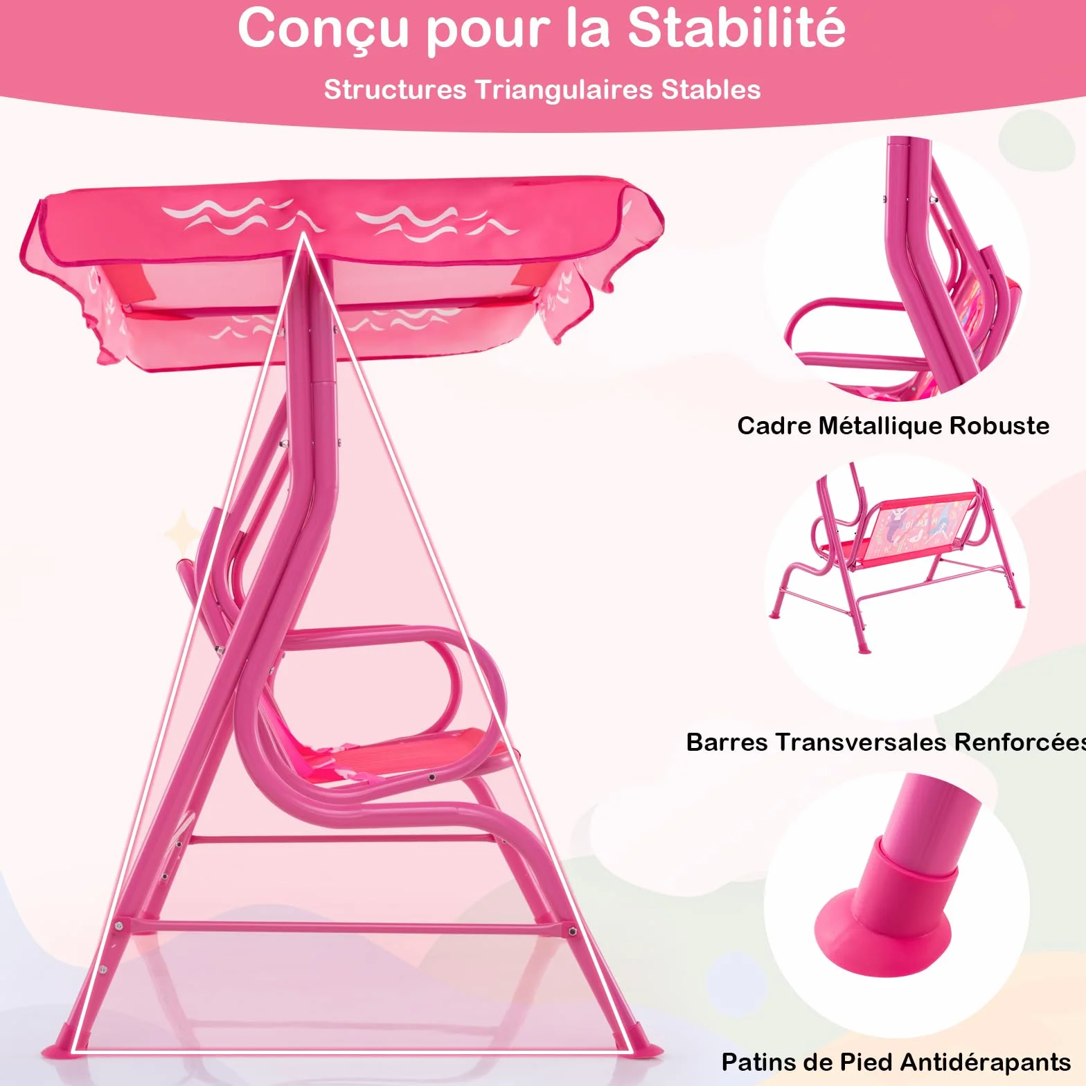 GOPLUS Balancelle de Jardin 2 Places avec Auvent Réglable Ceintures de Sécurité 80 KG Sirène Rose