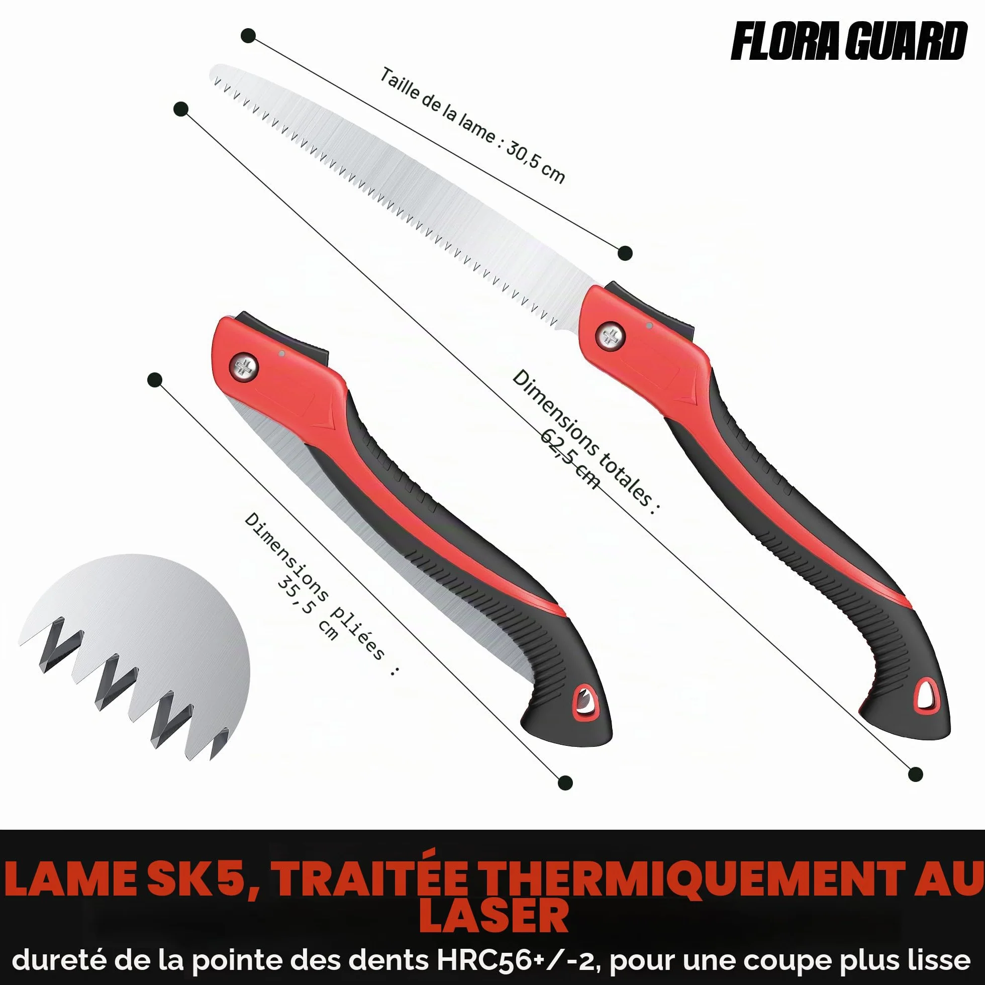 FLORA GUARD Scie à Élaguer 30 cm, Lame en Acier SK5 Haute Qualité, Scie à Main avec Dents 3D pour Taille des Arbres et Camping