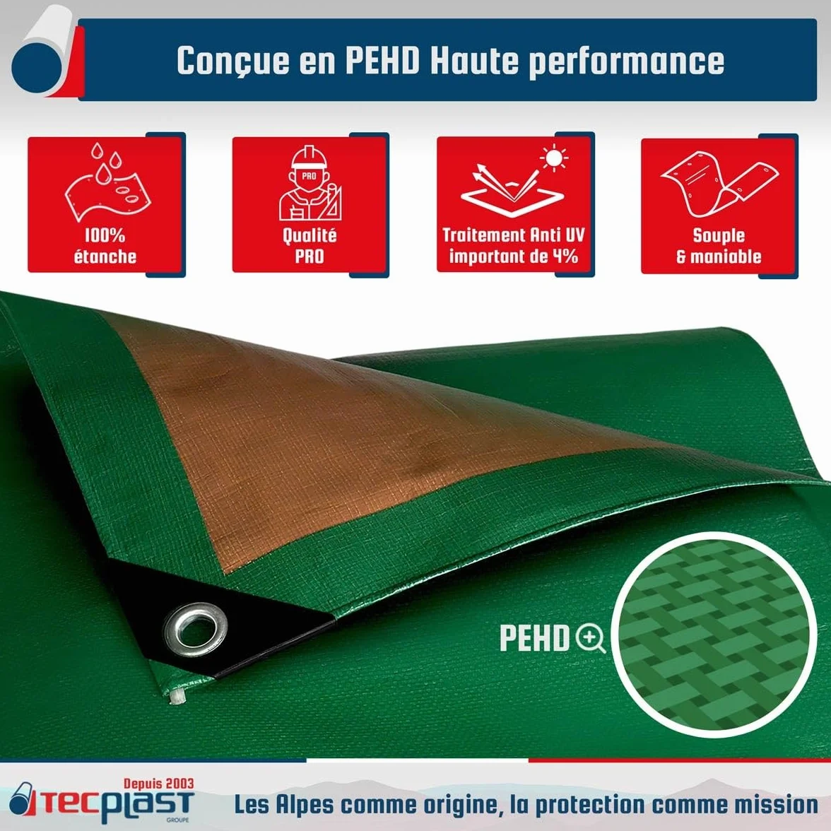 TECPLAST Bâche de Protection 3x5 m HQ250MU Verte et Marron - Haute Performance - Bâche étanche - Résistance Anti-UV