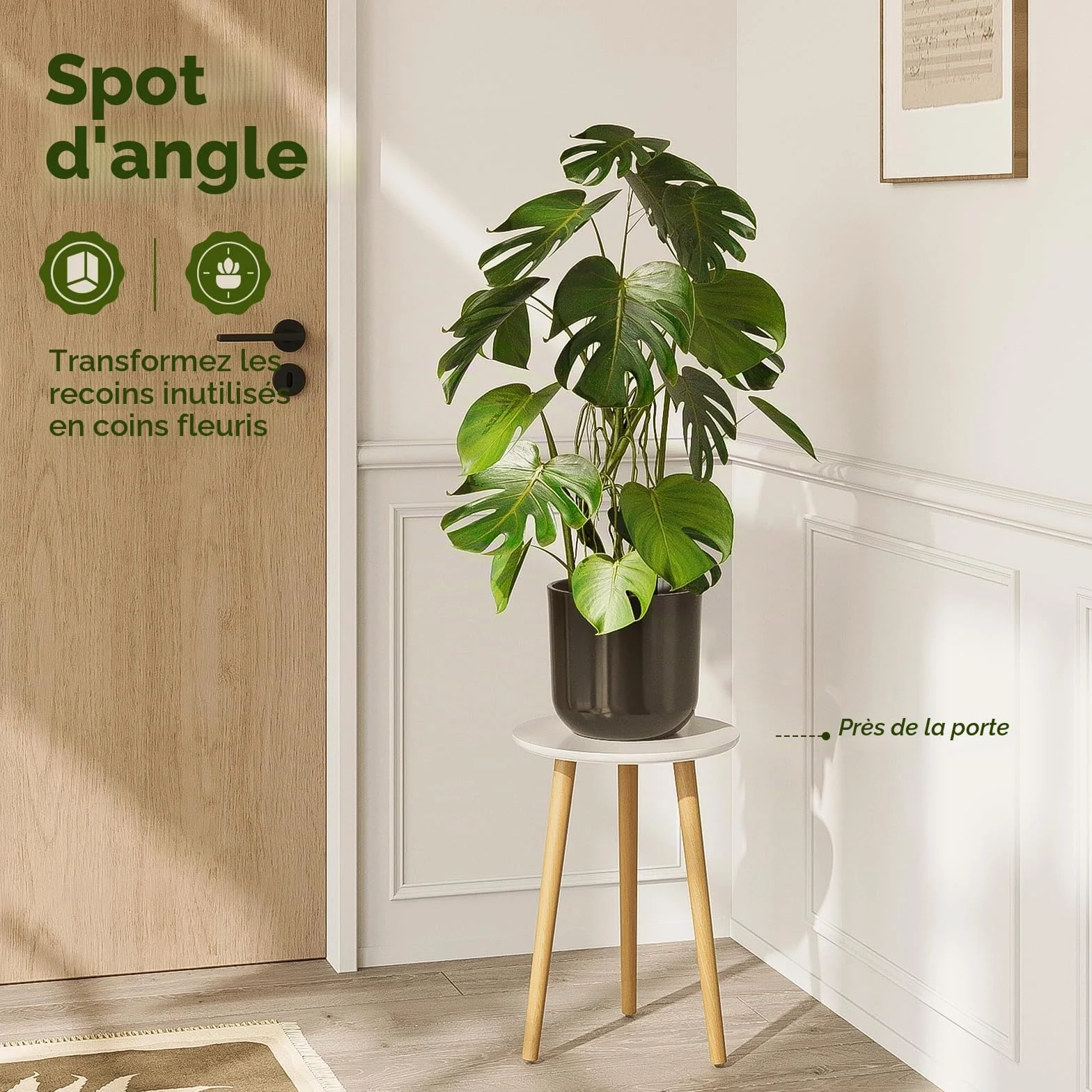 Bamworld Support pour Plantes d'Intérieur en Bois Rond, Table d'Appoint Moderne Style Milieu du Siècle - Blanc