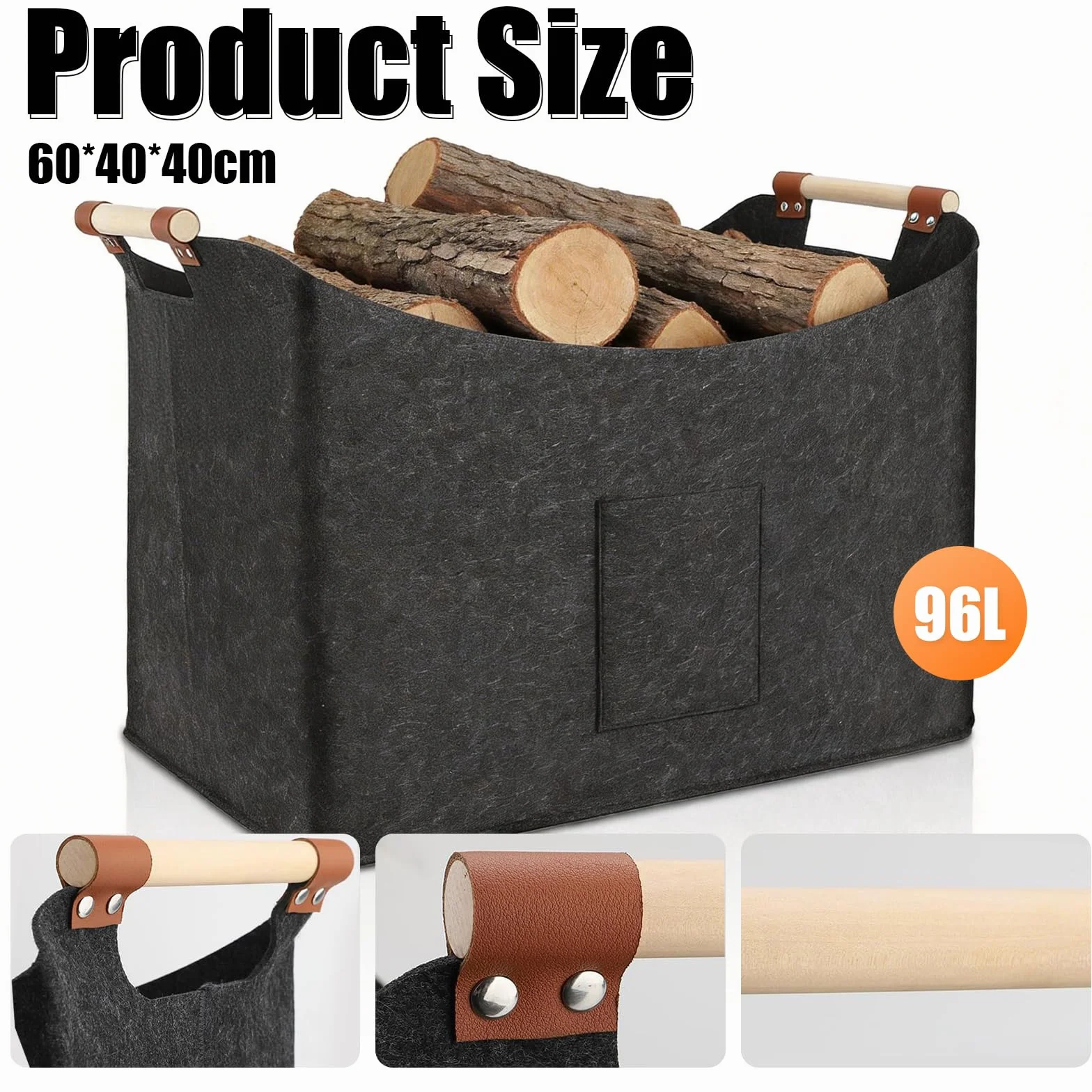 Sac en feutre pour bois pliable 60x40x40cm 96L Gris foncé
