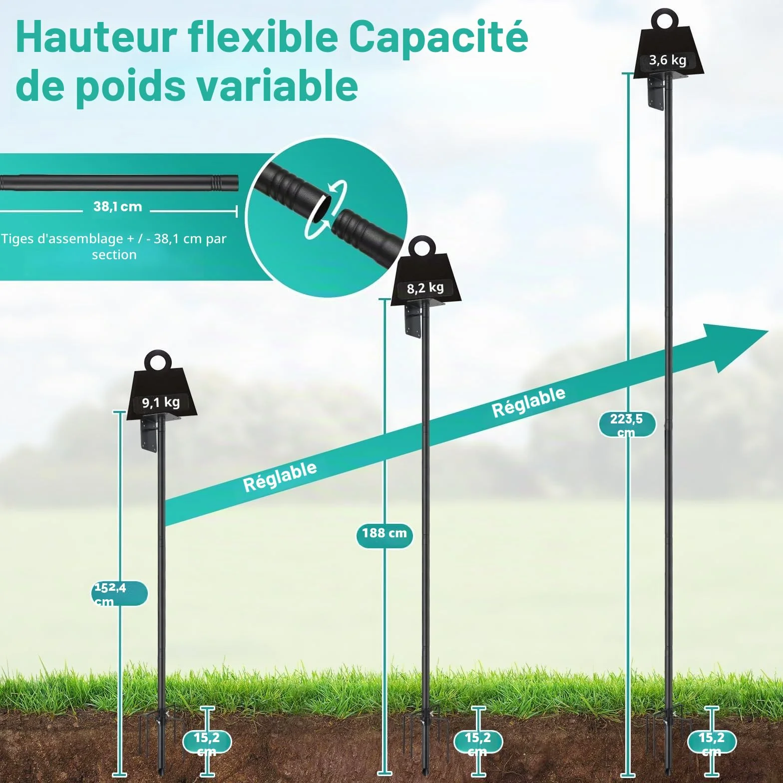 Support Maison Oiseaux 150 cm 5 Pointes Extérieur Réglable Universel Station Météo Kit Poteau Jardin