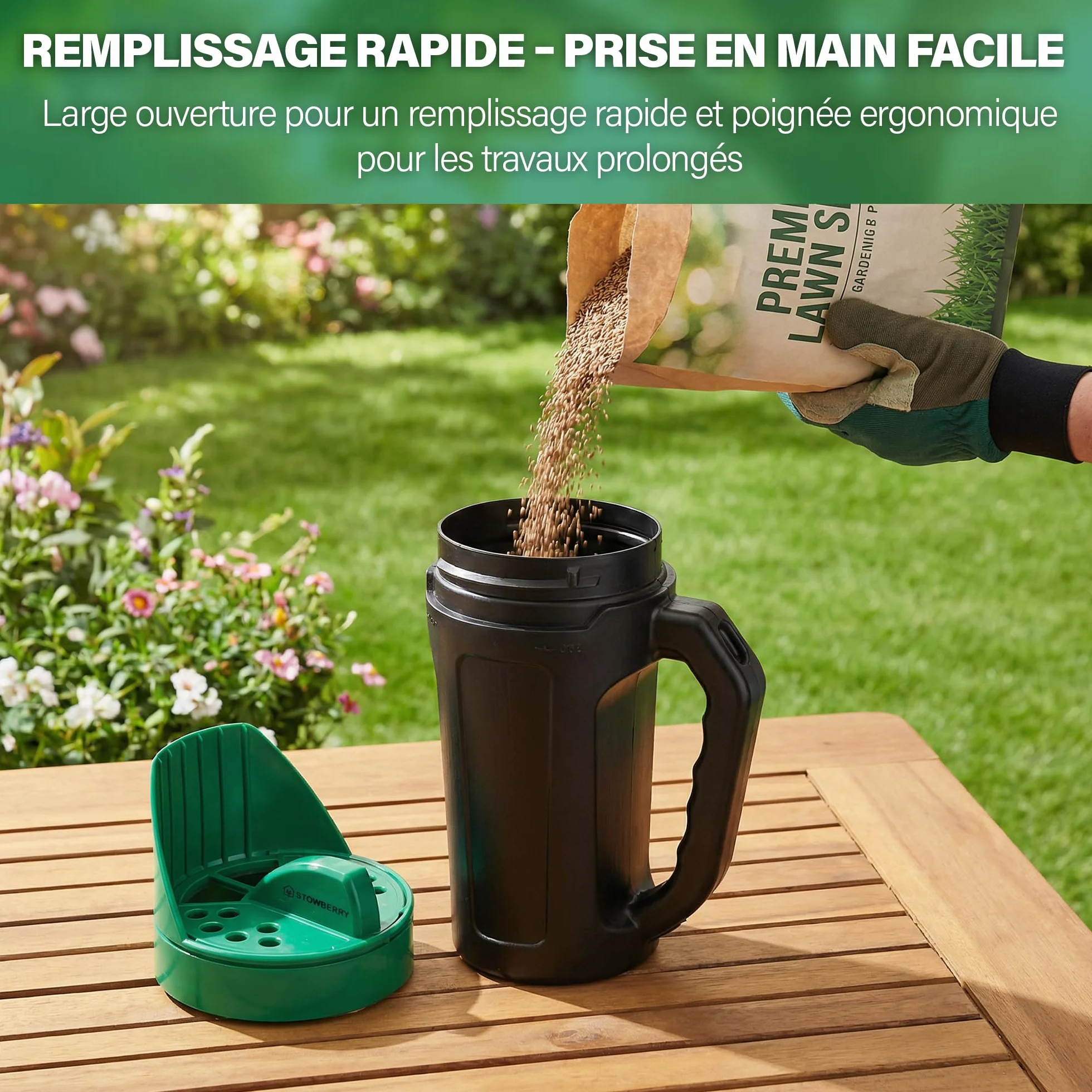 Épandeur de semences STOWBERRY avec cadran réglable pour sel, engrais et gazon