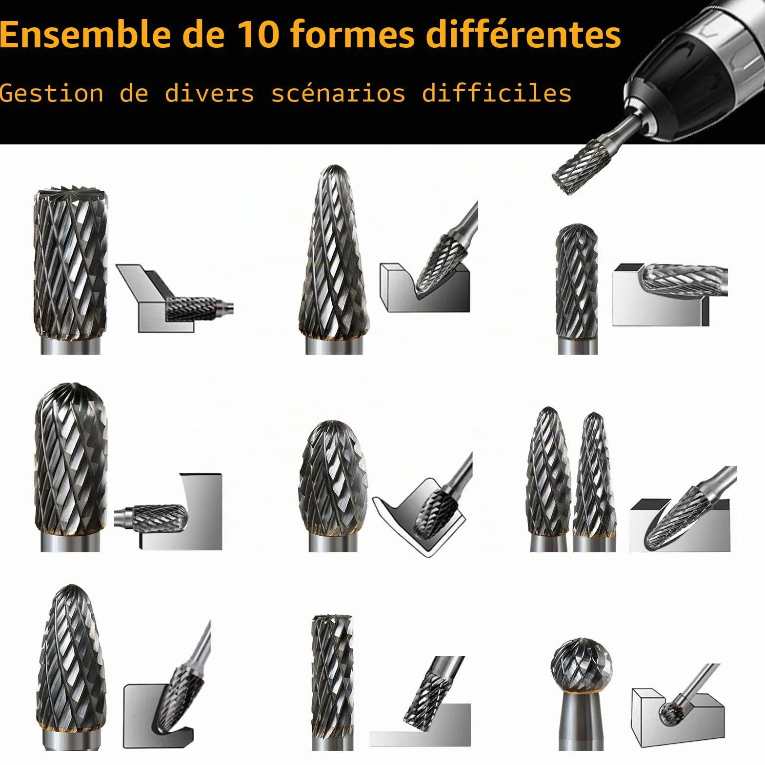 Kit de 10 Pcs Fraises Rotatives en Carbure de Tungstène Double Coupe Tige de 6mm pour Perceuse Electrique Bois Acier Métal Polissage Gravure et Perçage