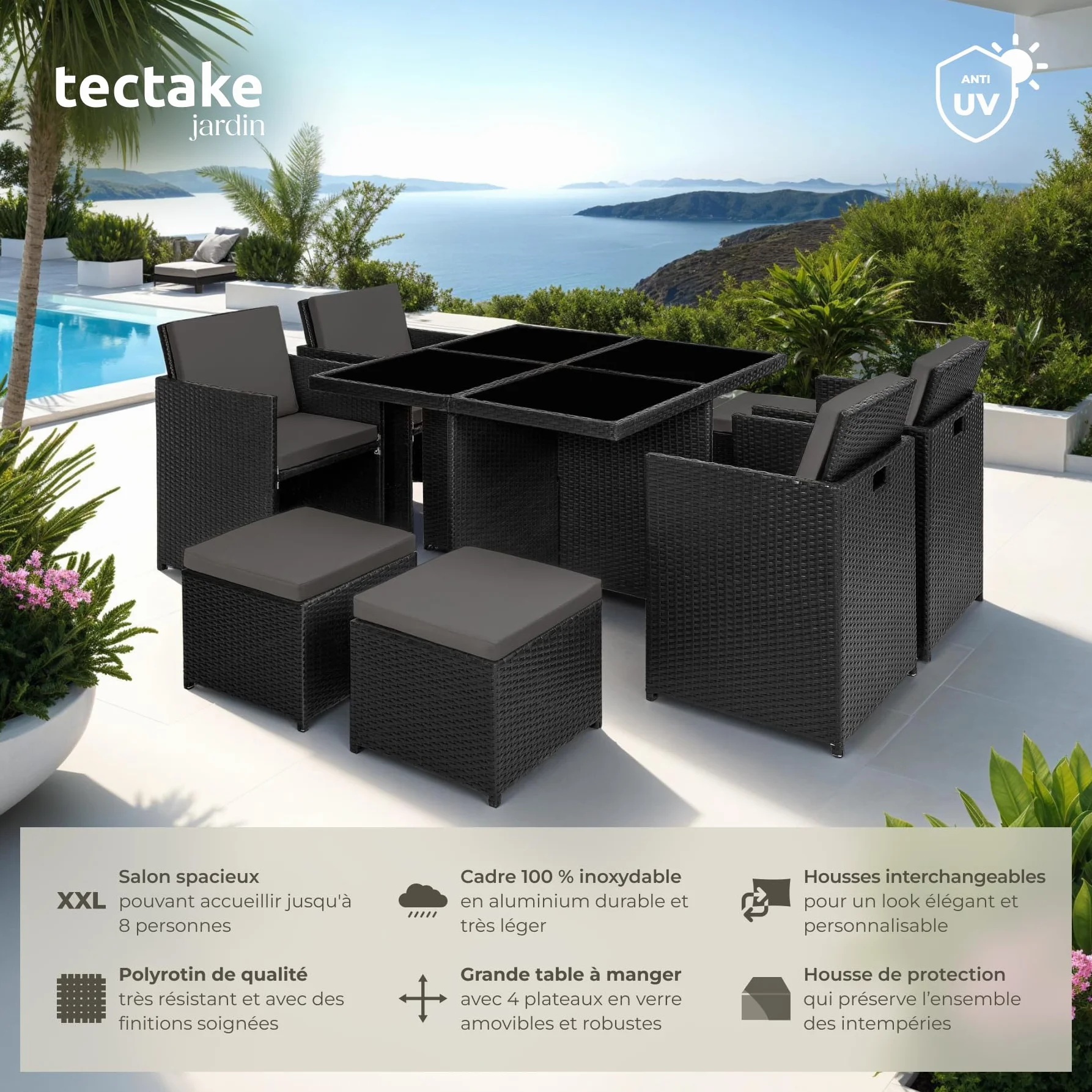 tectake Salon de Jardin Extérieur 8 Places Table en Poly Rotin Structure Aluminium Noir