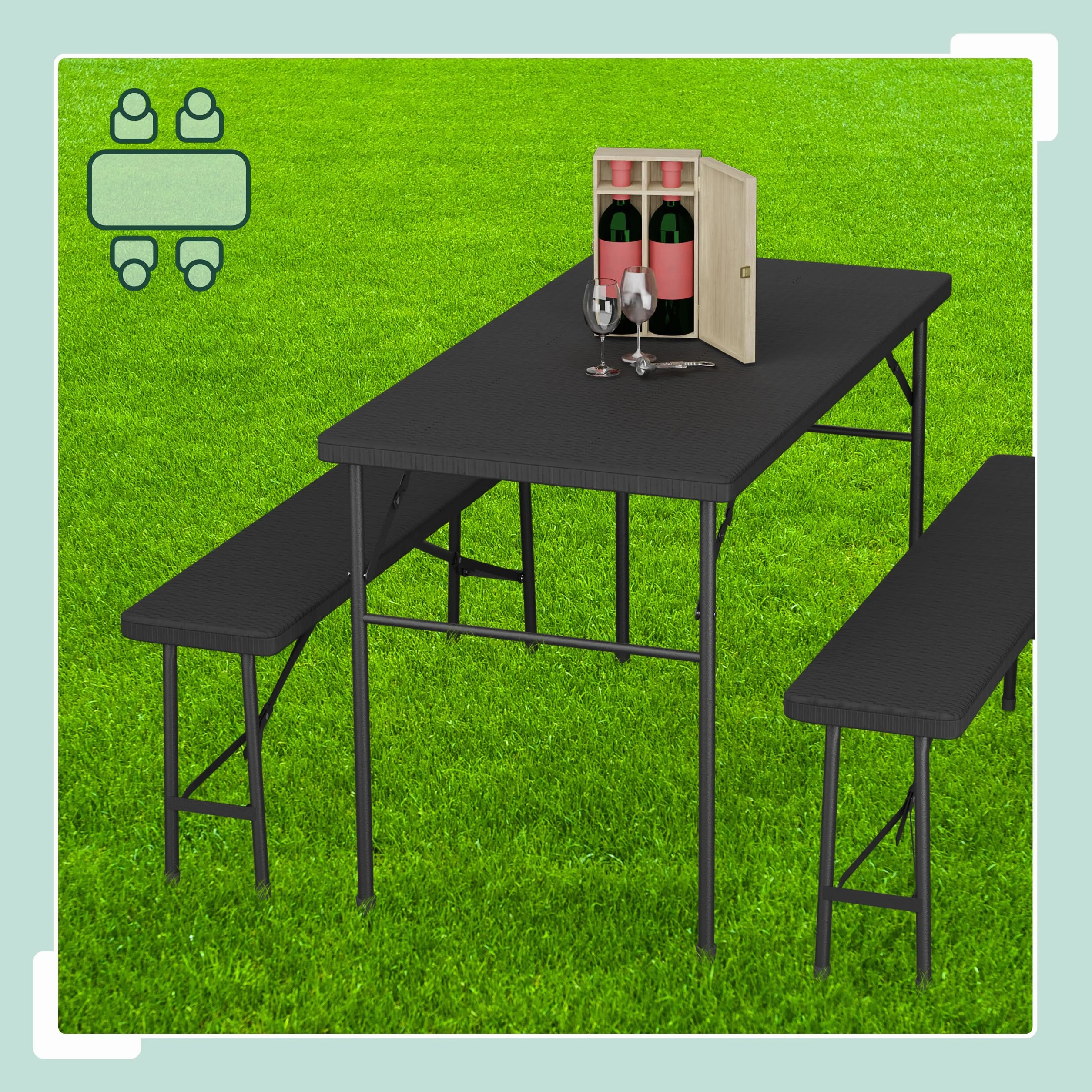 Relaxdays Ensemble Table Pliante et 2 Bancs 120 cm Aspect Rotin Noir