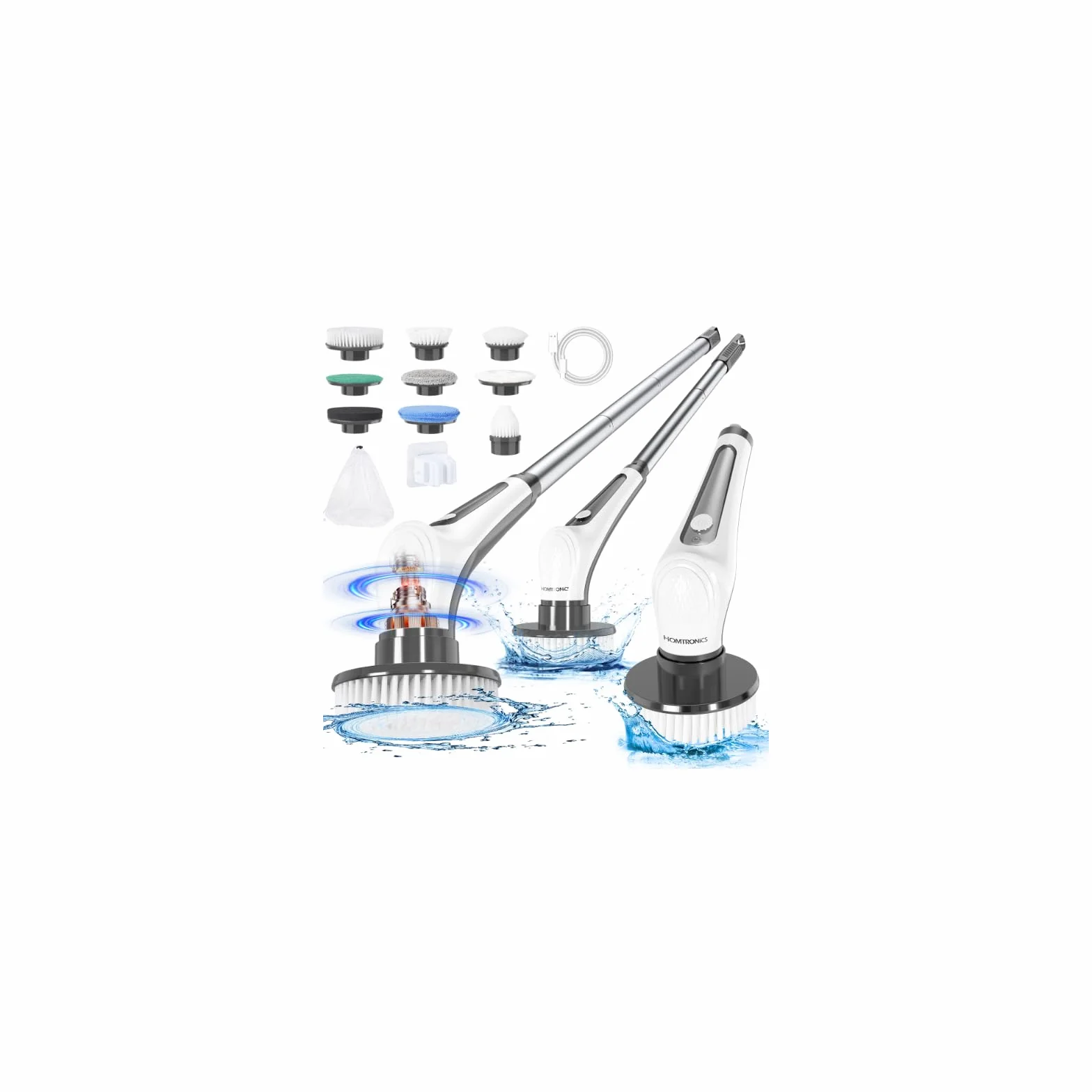 Brosse Électrique Nettoyage Rechargeable USB sans Fil, Electric Spin Scrubber, avec Tige Télescopique et 9 Têtes Interchangeables pour Salle de Bain