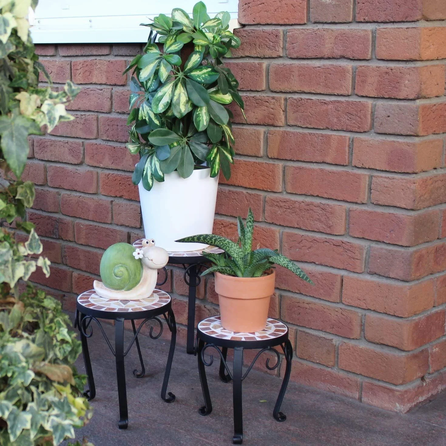 Ensemble de 3 tabourets porte-fleurs ronds à mosaïque en céramique pour jardin terrasse