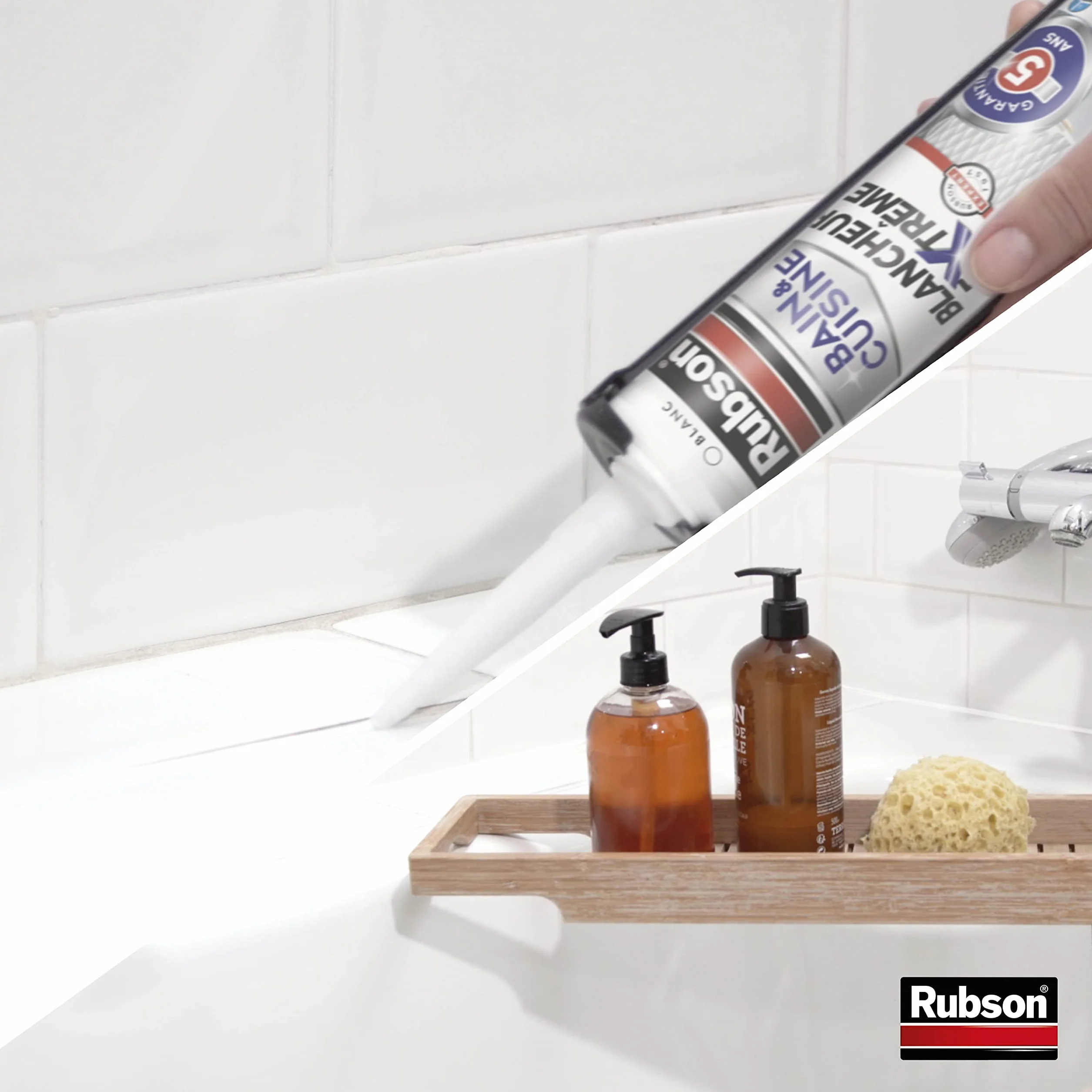 Rubson - Mastic Bain & Cuisine Blancheur Extrême (cartouche 280ml) étanche et anti moisissures à base de silicone - longue durée, Blanc